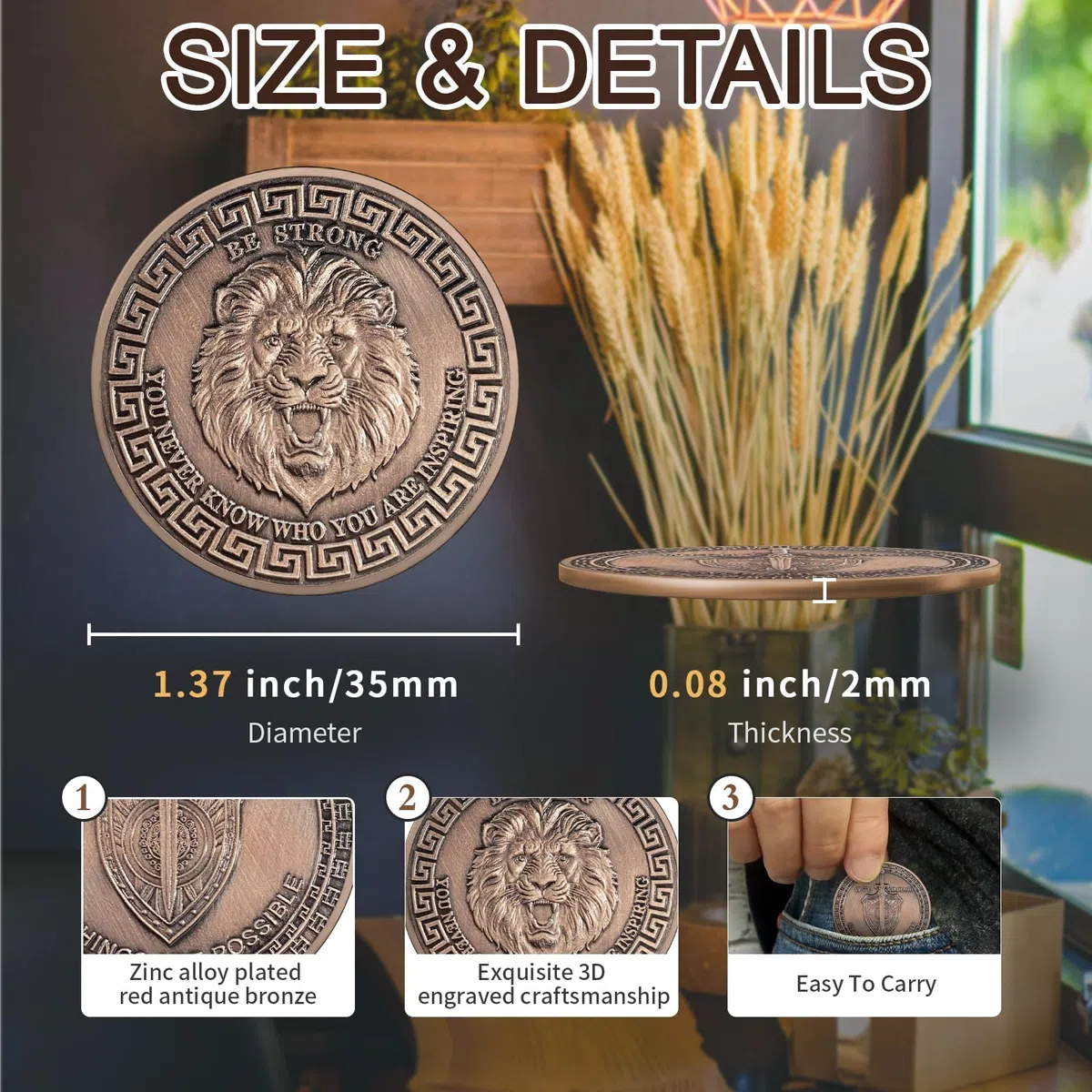 AtSKnSK Motivierende Münze Ermutigung Münze Löwe des Mutes christliche Challenge Coin Viel Glück Gedenkgeschenke für Damen und Männer Incentive Auszeichnungen