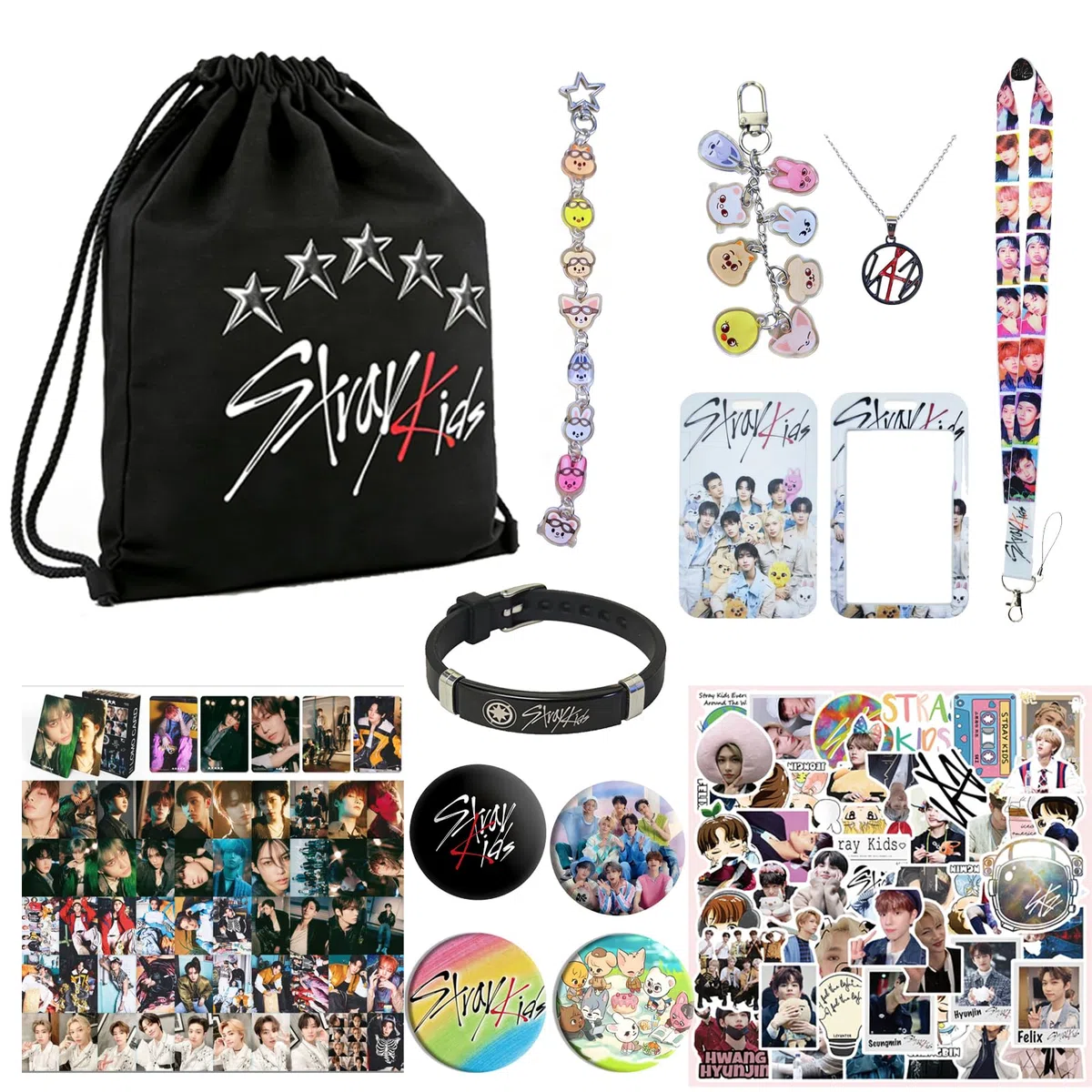 Stray Fanartikel Geschenk Set für STAY: mit 1 SKZ Sporttasche, 1 Schlüsselanhänger, 1 Lanyard, 1 Armband, 55 Fotokarten, 1 Halskette, 4 Anstecknadeln und 50 Aufklebern