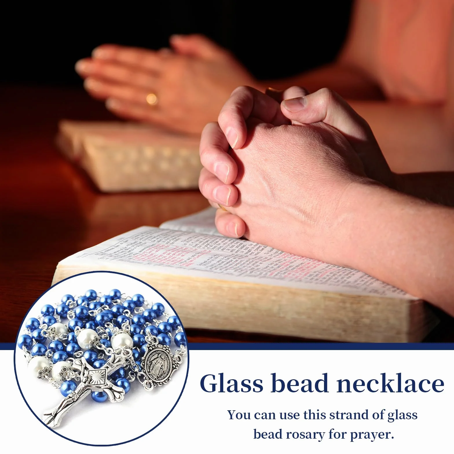 6mm Glasperlen Rosenkranz mit 8mm Vaterunser-Perlen, Katholische Kette im Wunder-Metall-Geschenkbox, Erstkommunion und Personalisiertes Blau Rosenkranz