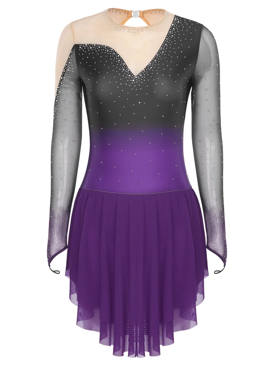 Linjinx kürkleider Eiskunstlauf Kleid Damen Kürkleid Rollkunstlauf Langarm Strass Ballettkleid Gymnastikbody Mit Chiffon Rock Tanzanzug
