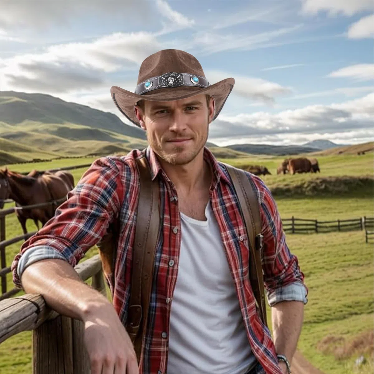 Cowboyhut für Damen & Herren | Atmungsaktiver Kunstvelourshut mit verstellbarem Innenband (56-58cm) | Western Style mit 7cm Krempe für Outdoor