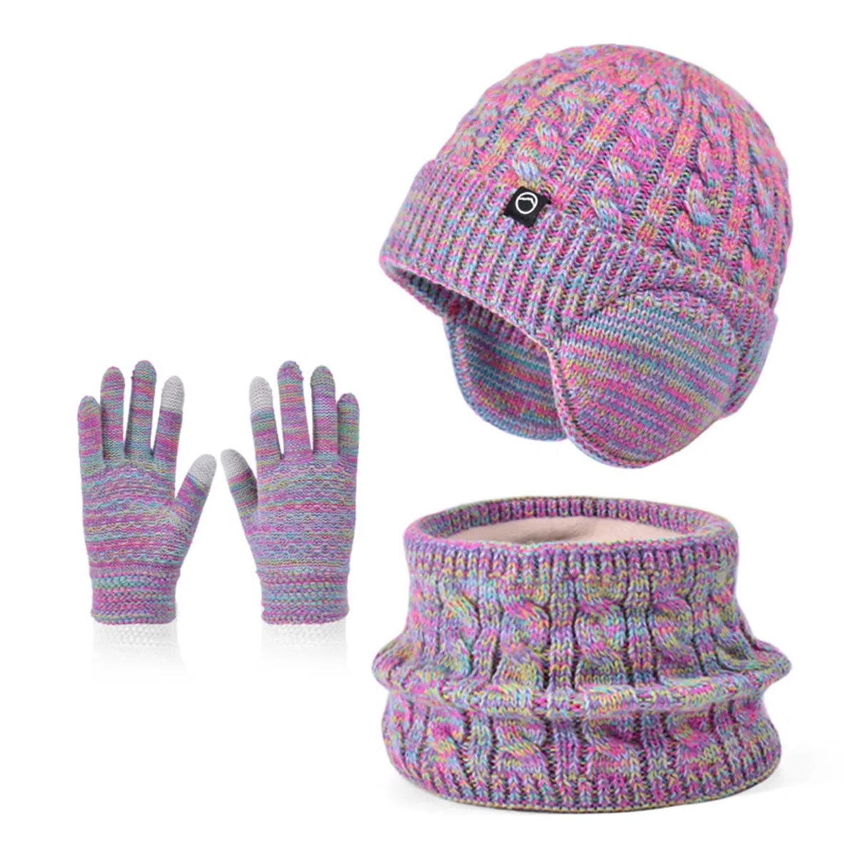 Enwokran Winter Mütze Schal Handschuh Sets Mädchen Strickmütze Warme Mütze Jungen Wintermütze Fleece Winterschal Elastische Beanie Ohrenklappe Hut Schal Touchscreen-Handschuhe Kinder 4-10 Jahre