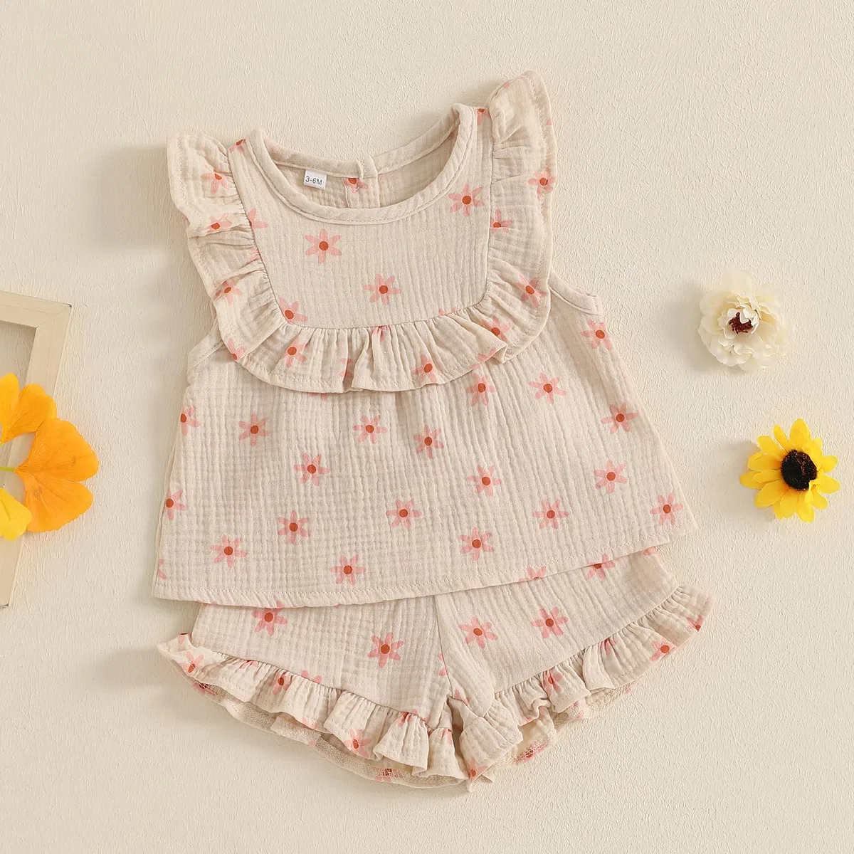 Baby Mädchen Musselin Kleidungset Kurzarm Oberteil+ Shorts Rüschen Babysets Schleife und Blumenmuster Bekleidungssets für Neuergeborene