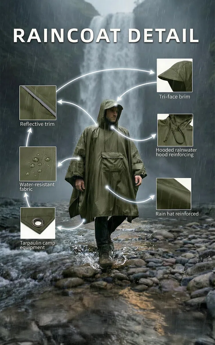 Wasserdichter Regenponcho, Leicht Atmungsaktiv Regencape, Unisex Regencape mit Kapuze, 3-in-1-Multifunktional Regenmantel Regenschutz Regen Poncho für Wandern, Camping, Angeln, Fahrrad