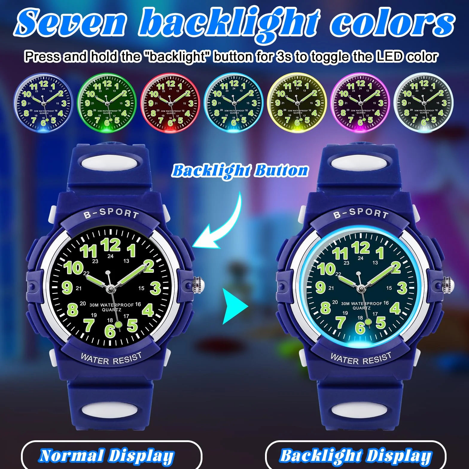 Analoge Kinderuhr mit Bunten Lichtern für Jungen und Mädchen, 30M wasserdichte Lernuhr TPU Armband Outdoor Sportuhr für 5-16 Jahre