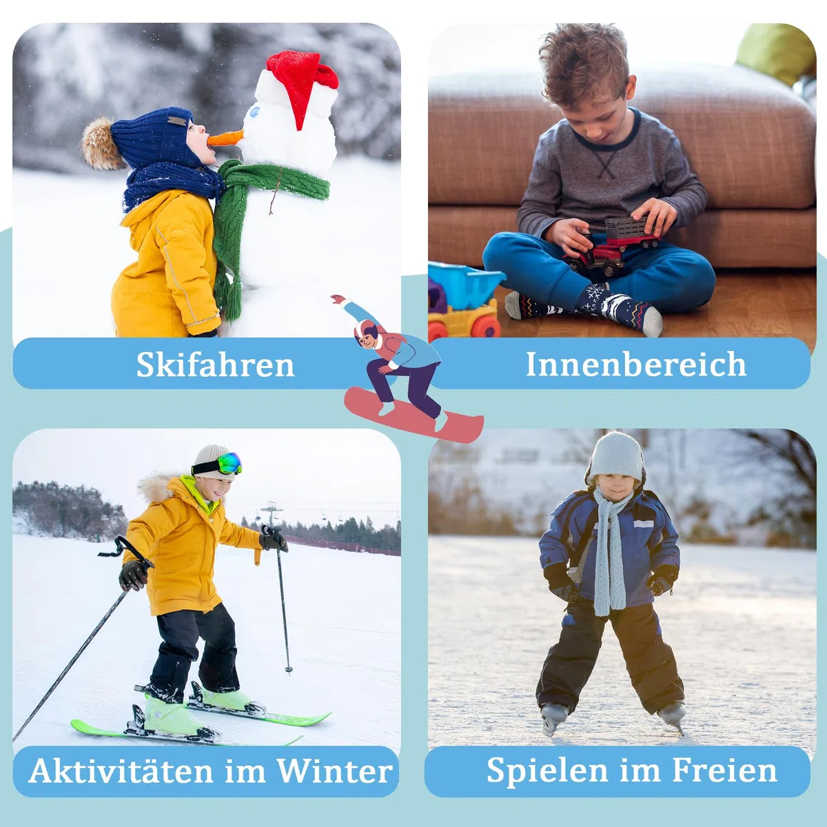 ELUTONG Kinder Skisocken, 2 Paare Jungen und Mädchen Warme Skisocken mit Sonnenaufgangs und Schneemannmotiven für Kinder 3-5 Jahre (Himmelblau)