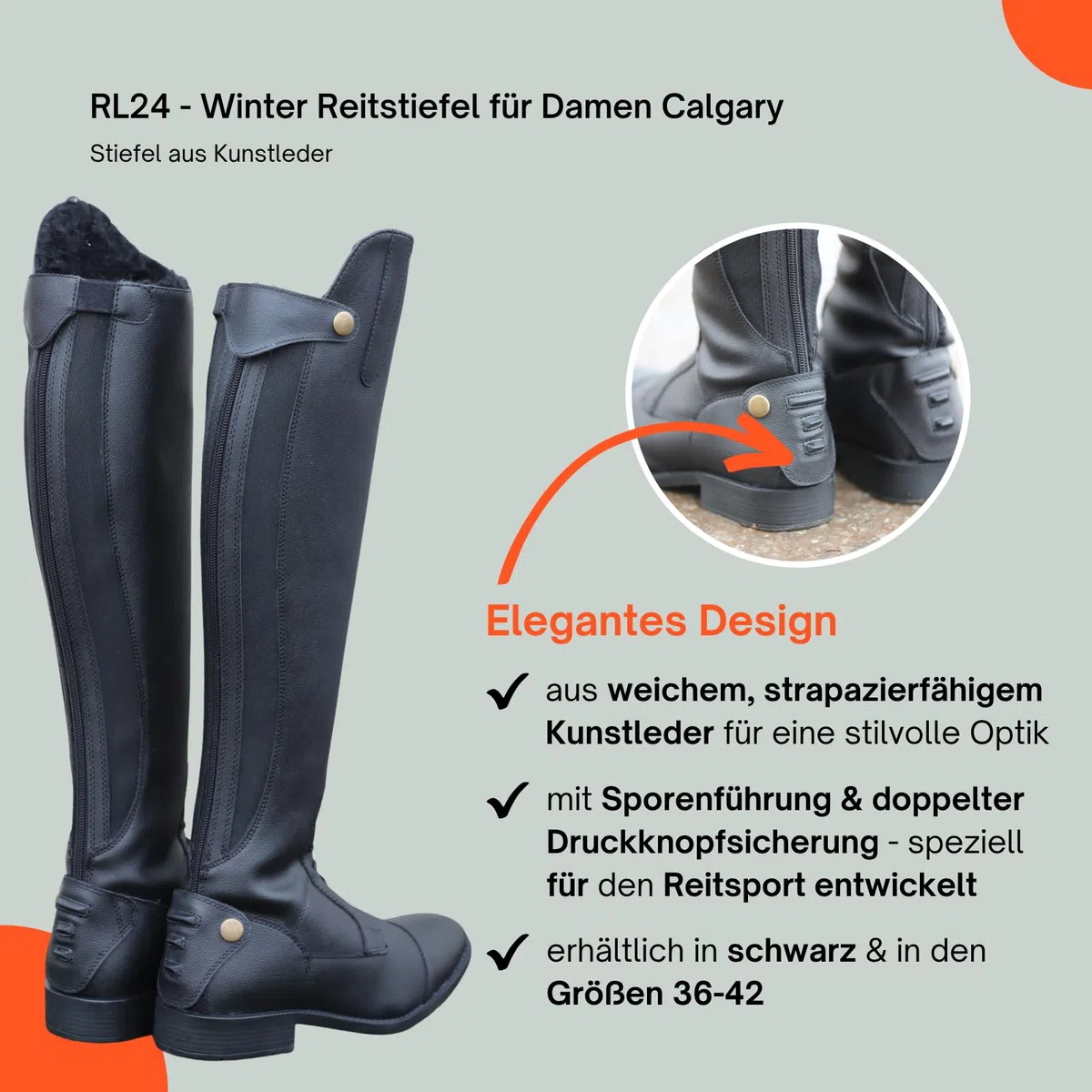 RL24 - Winter Reitstiefel für Damen Calgary – warme Damenstiefel zum Reiten – Stiefel aus Kunstleder mit Teddyfell & Reißverschluss – Winterstiefel in schwarz – Größe 36-42