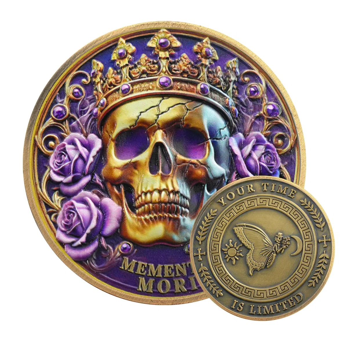 Memento Mori Gedenkmünze – Totenschädel, Schmetterling & Sanduhr Design – "Tempus Fugit" – Philosophie-Münze über Leben, Zeit und Tod