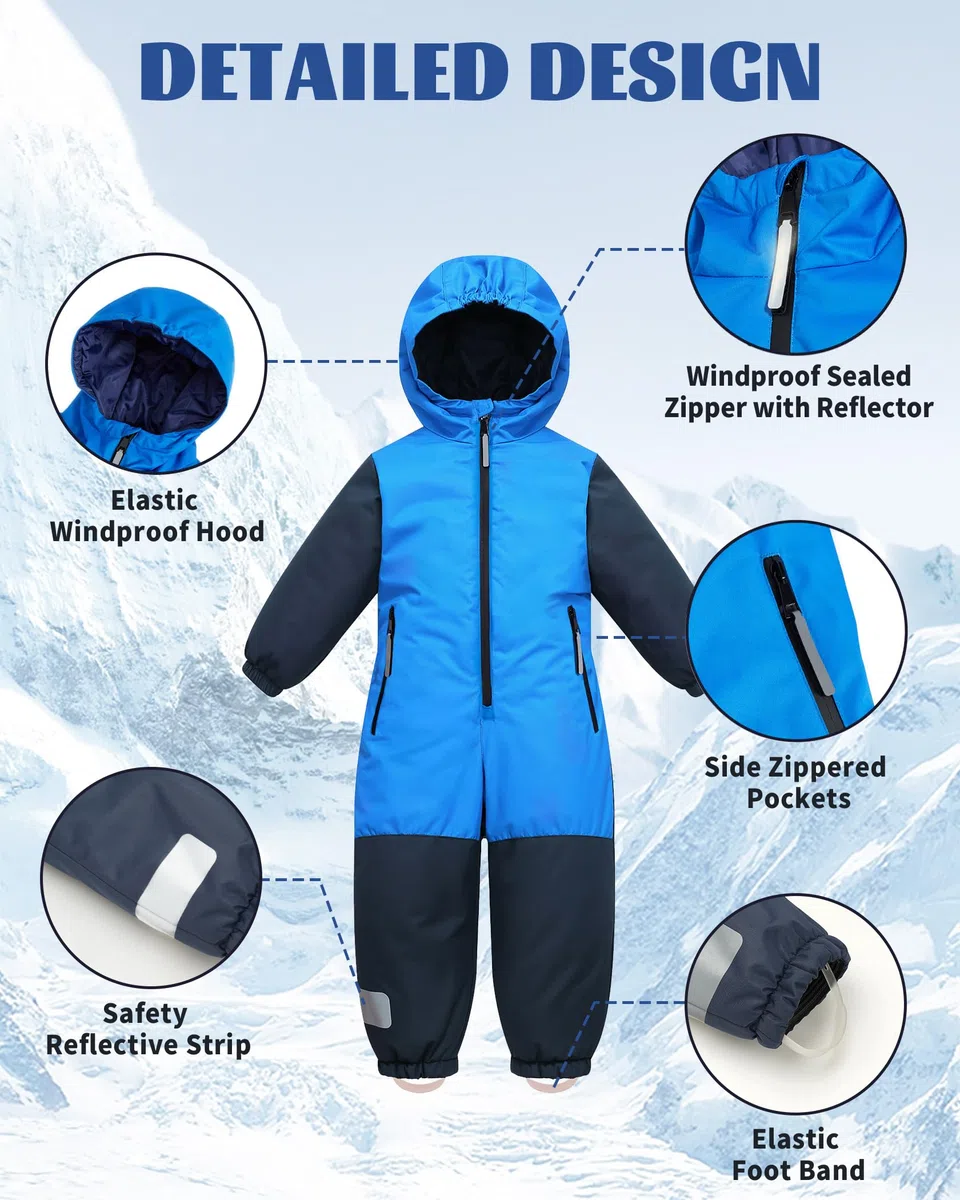 Owntop Schneeanzug Kinder Unisex, Schneeoverall Mädchen Jungen, Winddicht Wasserdicht Skianzug mit Kapuze Reißverschluss (Blau,110)