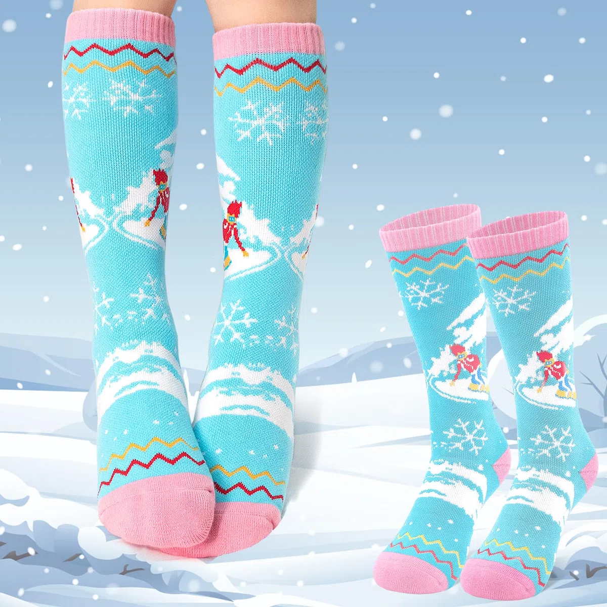 ELUTONG Kinder Skisocken, 2 Paare Jungen und Mädchen Warme Skisocken mit Sonnenaufgangs und Schneemannmotiven für Kinder 3-5 Jahre (Himmelblau)