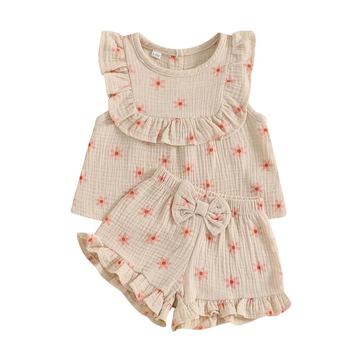 Baby Mädchen Musselin Kleidungset Kurzarm Oberteil+ Shorts Rüschen Babysets Schleife und Blumenmuster Bekleidungssets für Neuergeborene