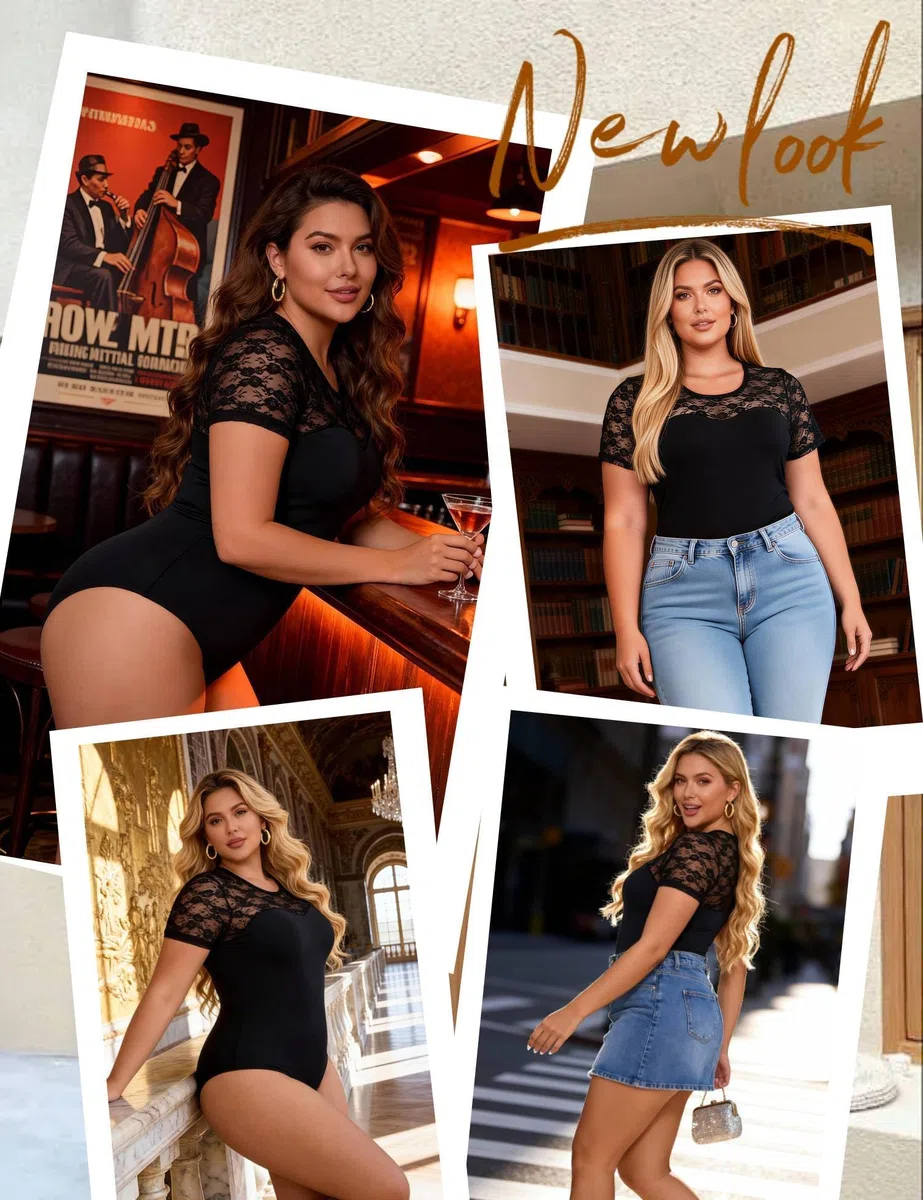 comeondear Damen Body Kurzarm Elegant Sexy Outfit Sommer Bodysuit Women mit Spitze Große Größen Oberteile Rundhals Trachtenbody Top Mesh Unterziehbody Reizwäsche für Mollige Frauen Snap Crotch