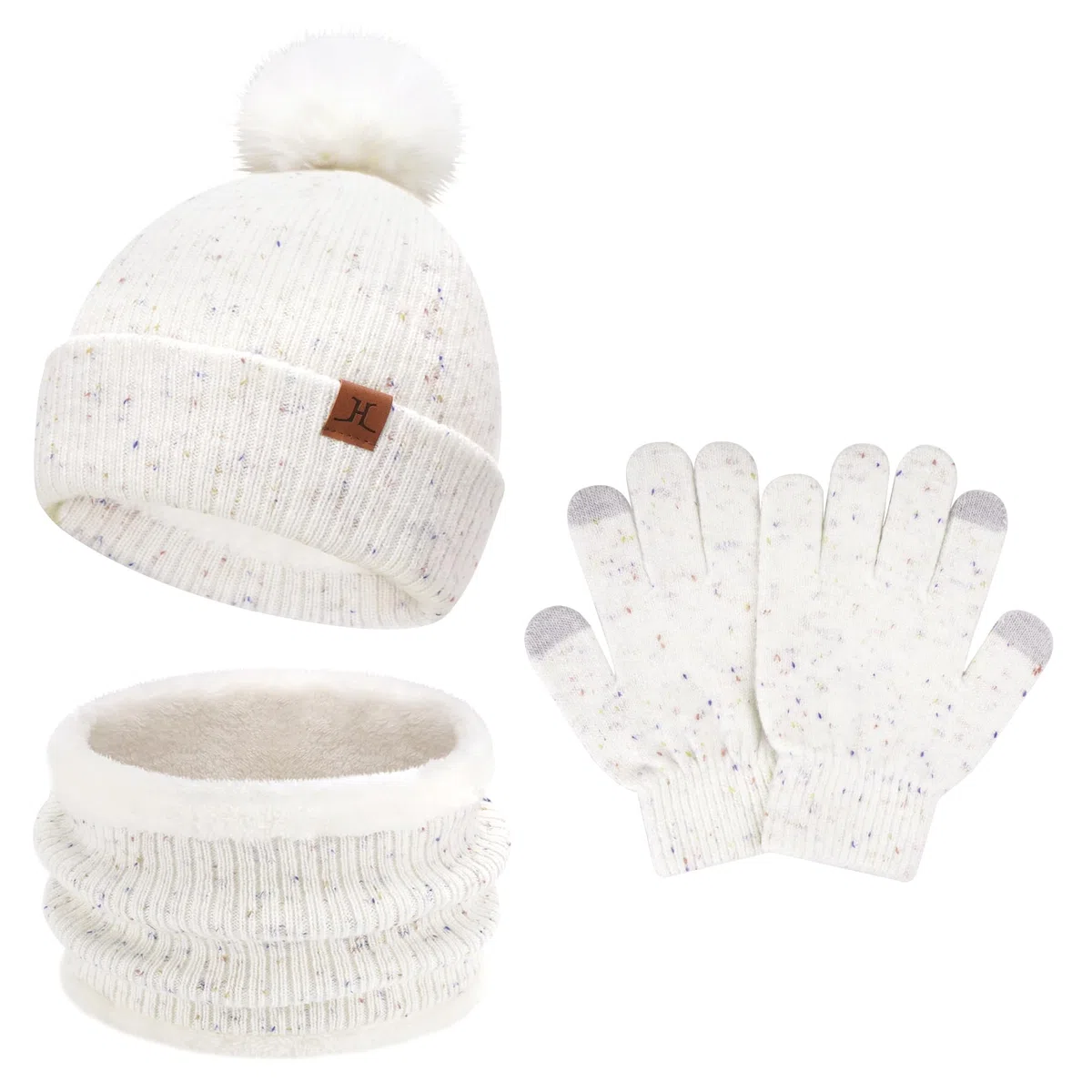 Kinder Winter Mütze Loop Schal Handschuhe Set, Pompom Wintermütze Schlauchschal Fäustlinge für 0–4 Jahre Baby Kleinkinder, Strickmütze Touchscreen Handschuhe für 5–8 Jahre Mädchen Jungen