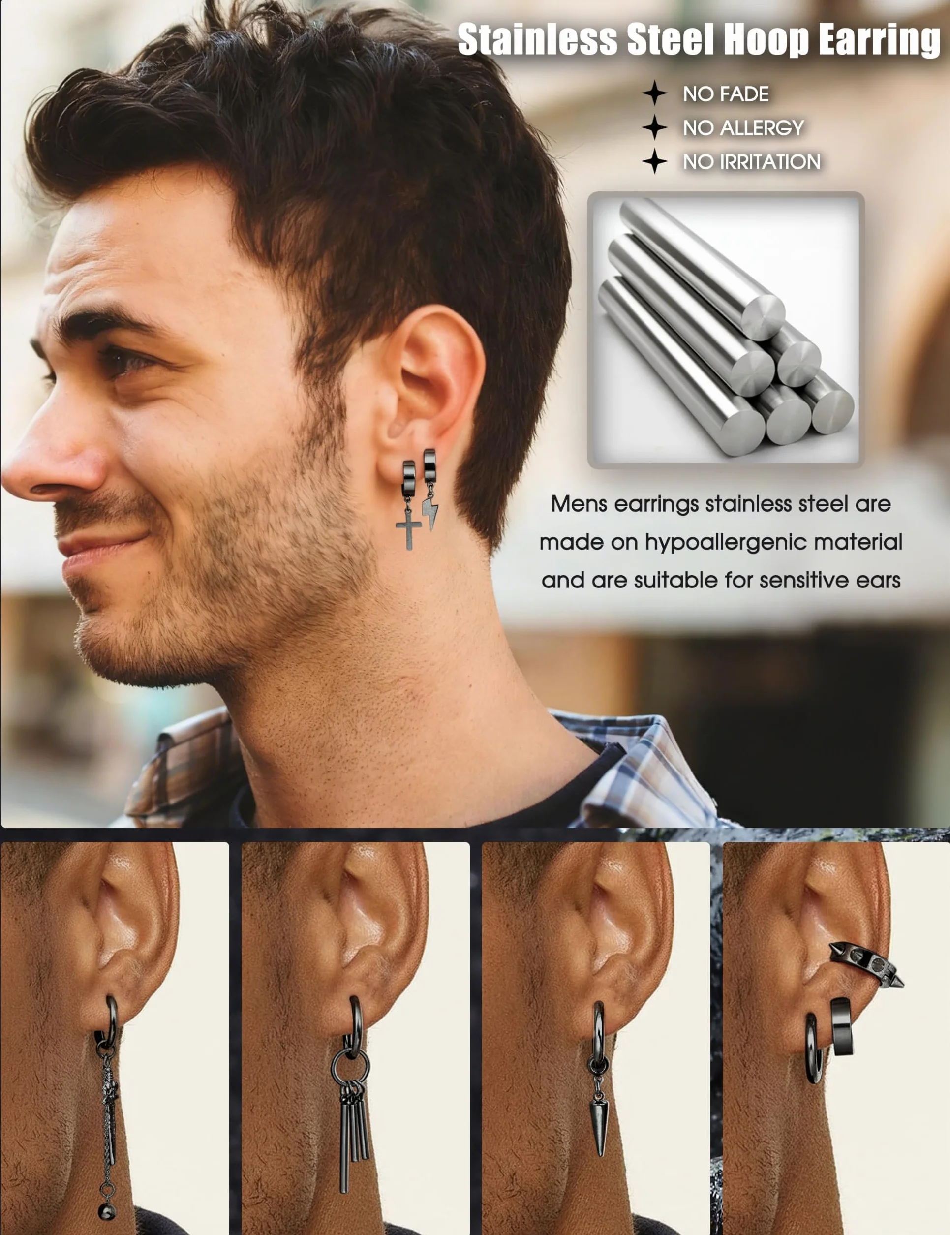 Diamday 25 Stück Ohrclips für Herren - Edelstahl Kreuz Kette Baumeln Ohrringe Schwarz Huggie Non Pierced Punk Gothic Kpop Set Fake Creolen