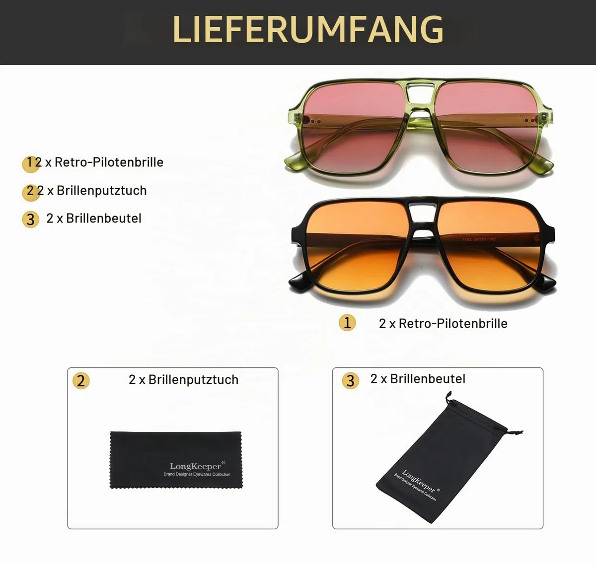 Long Keeper Retro Pilot Sonnenbrille Pilotenbrille Herren Damen Quadratisch Sonnenbrille Groß 70er Klassisch Eckige Pilot Retro Brille UV400