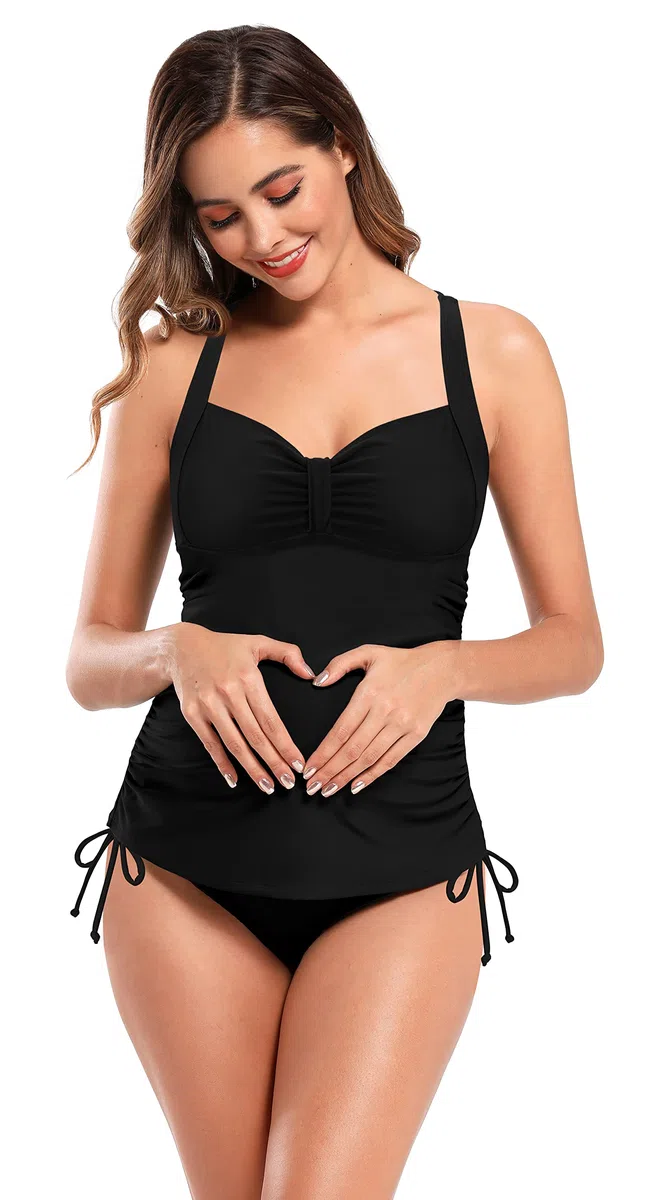 SHEKINI Damen Rückenfrei Umstandsmode Elegant Verstellbarer Tankini Zweiteiliger Badeanzug Bauchweg Ruched Abdomen Control Grosse Grössen Schwangerschaft Bikini