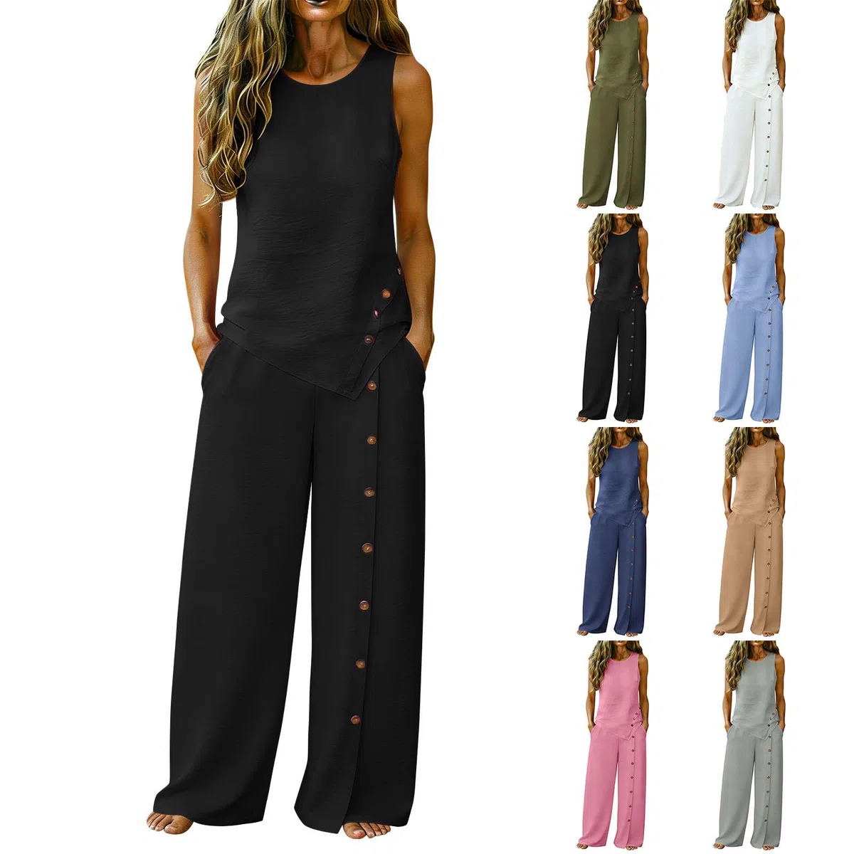 Damen Baumwolle Leinen Lounge Set Aermellos Rundhals Tank Top Weite Hose Sommer Zweiteiler Laessig Strand Outfit Naturfreundlich Bequem Sommer Casual Style