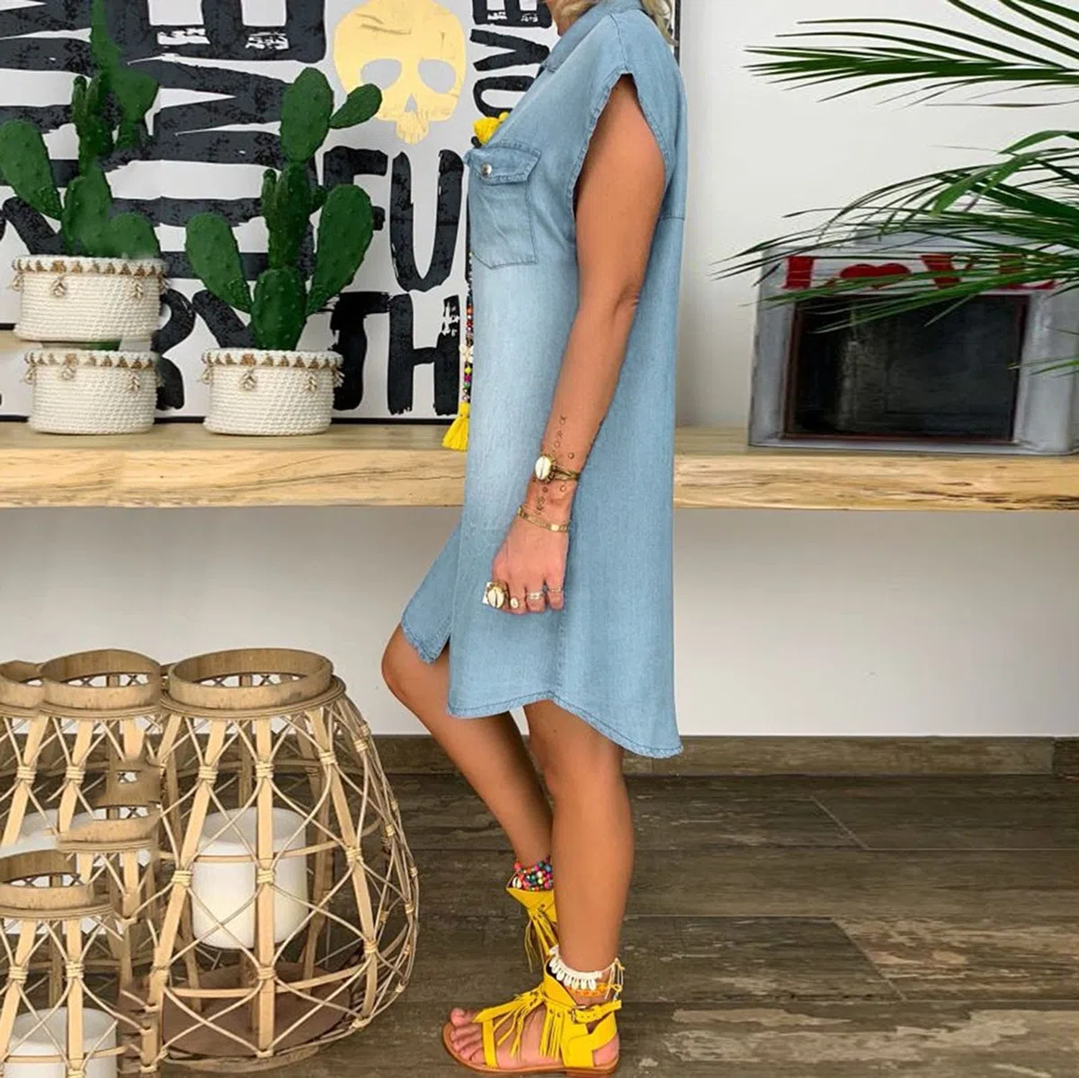 Jeanskleid Damen Sommer Lang Casual Locker Hemdkleid Denim Kleid A-Linie Knielang Shirtkleid Strandkleid Kurzarm Sommerkleid Blusenkleid Oversize Baumwolle Partykleid