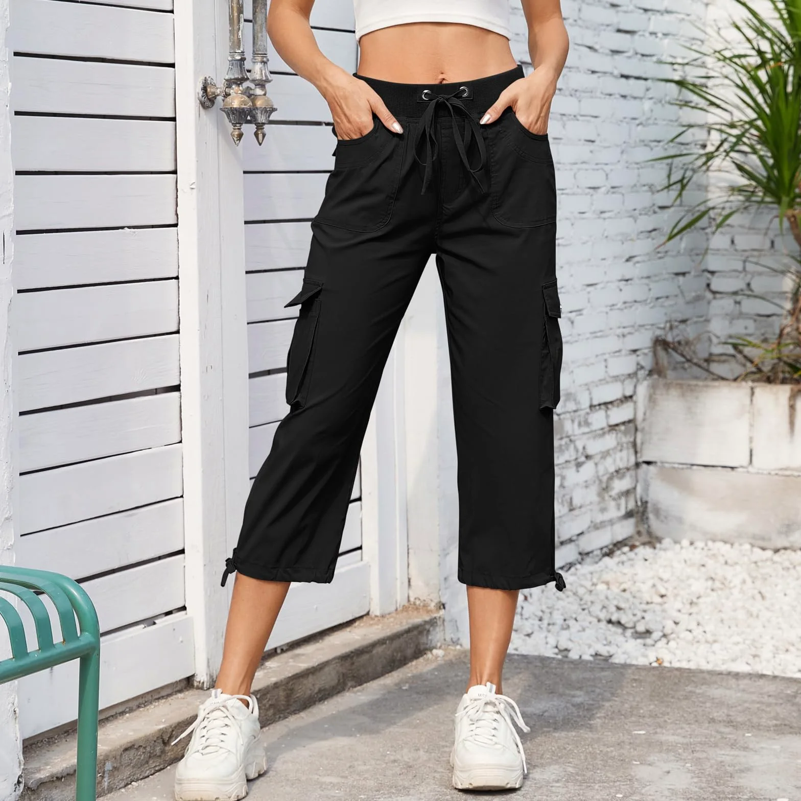 Hormtaer Hose Damen 3/4 Sommer Casual Cargohose Caprihose Jogginghose Comfy Stretch Leichte Outdoor Sport Reise Wanderhose Mit 6 Taschen