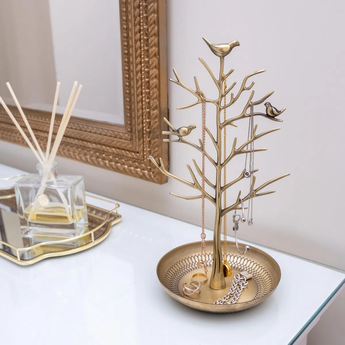 TRIXES Schmuckbaumständer im Gold-Stil – Vintage-Vögel – Hängen Sie Ihren Schmuck auf – Hängender Organizer-Rack-Turm – Präsentationsständer