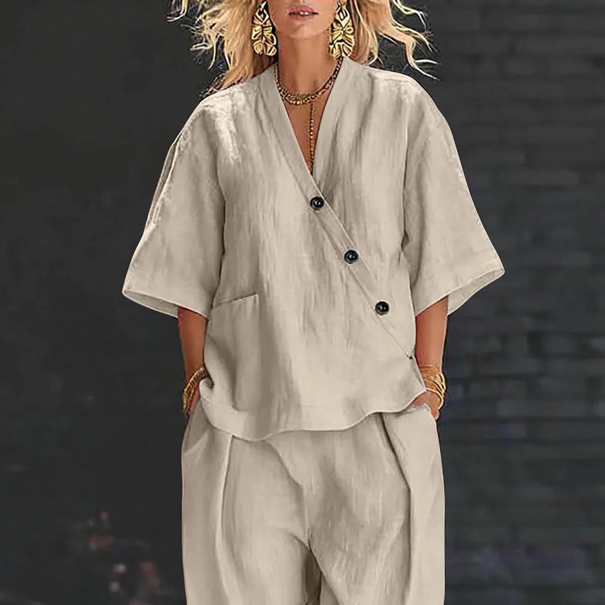 Leinenanzug Damen Sommer Leinen Bluse und Lange Weite Hose, Leinen Set Hausanzug Kuschelig 2 Teiler Einfarbig Sport Outfit Lounge Set Hosenanzug Elegant 2 Teilig Große Größen Leinenanzug mit Taschen