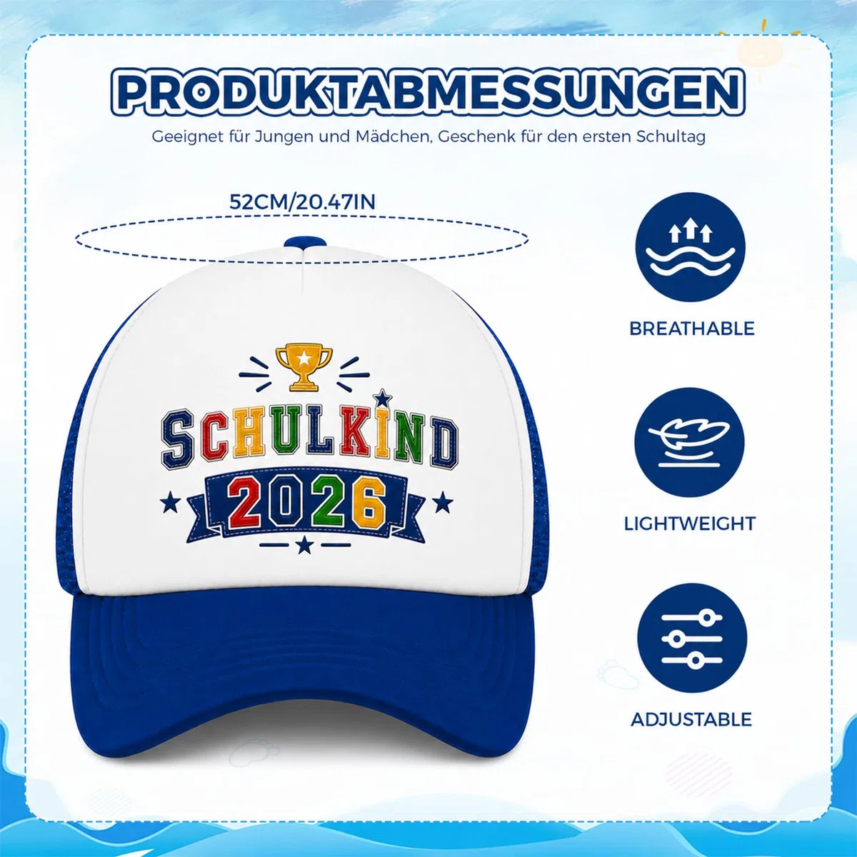 AHEJIOO Einschulung Geschenk – Baseballcap mit Pokal-Motiv – Schulkind 2026 Junge Schultüte füllung, Ideales Schulkind Einschulung Junge Outfit Accessoire, Blau-Weiße Mütze für den Ersten Schultag