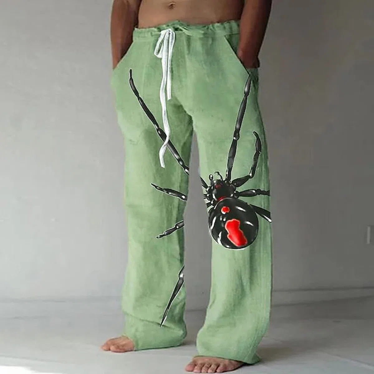 Herren Lang Freizeithose Weites Bein mit Spinnen 3D-Druck Casual Atmungsaktiv Strandhose Leicht Elastische Taille Halloween Hosen mit Kordelzug und Taschen Loose Fit für Männer
