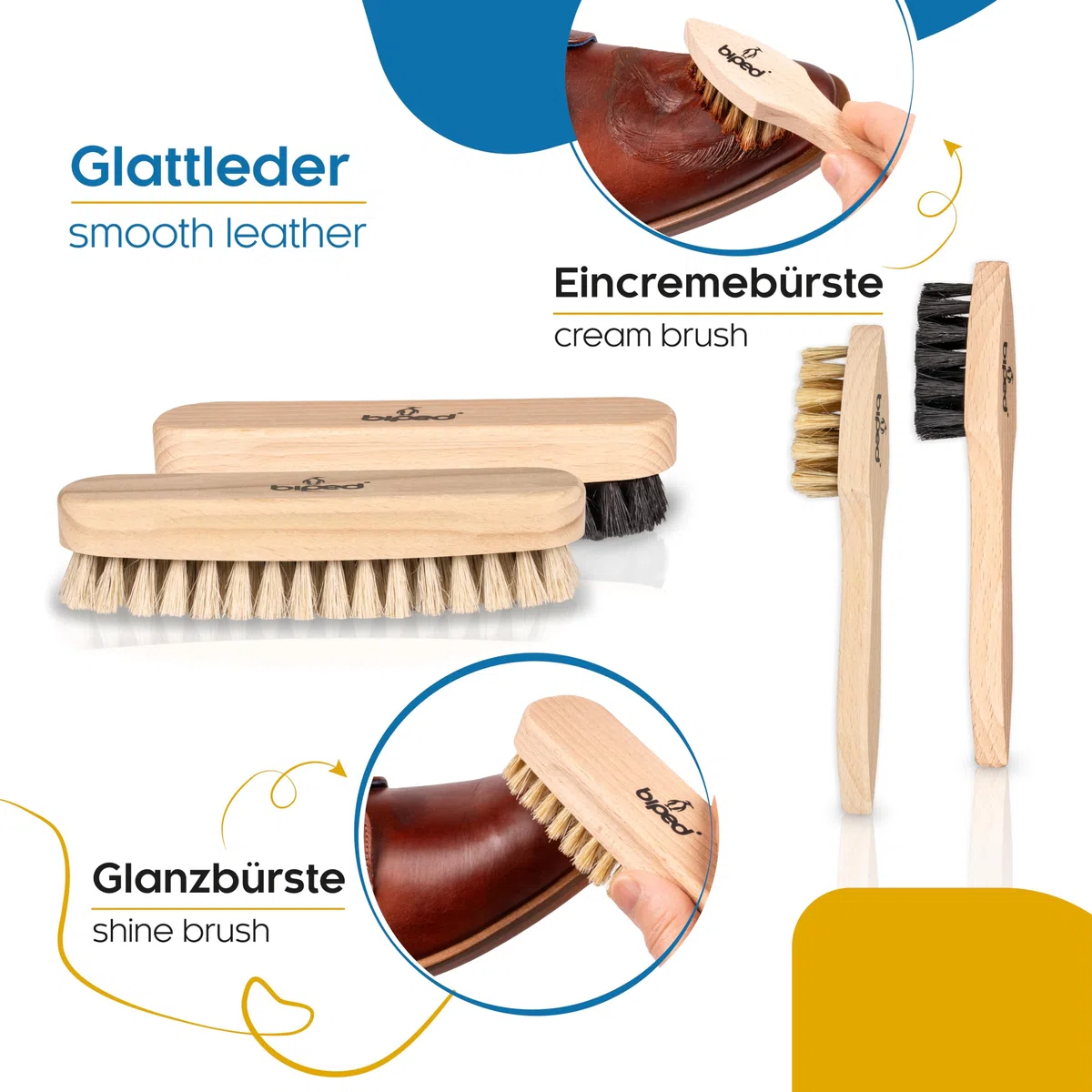 biped Schuhputzset 8-teilig - Schuhpflege für Glattleder und Wildleder - Schuhbürsten mit Natur Borsten - Made in Germany z2463