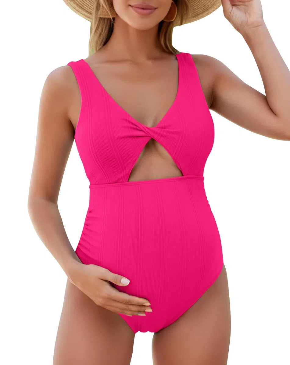 FEOYA Damen Maternity Badeanzug Einteilige Strand Mode V Ausschnitt Crossover Umstandsbademode Sommer Atmungsaktiv Swimsuit S-XL