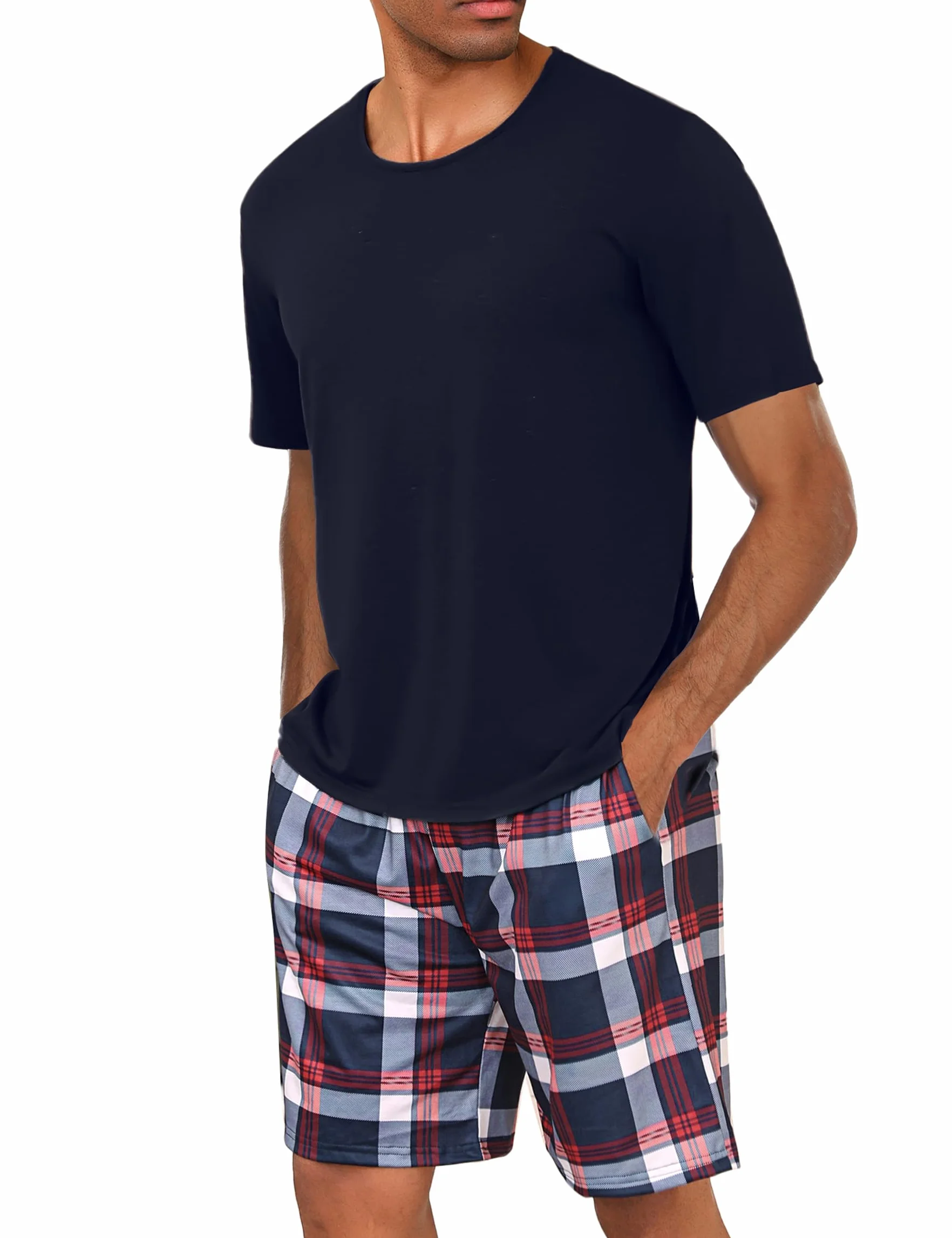 Uniexcosm Schlafanzug Herren Baumwolle Kurz Zweiteiliger Pyjama Set Nachtwäsche Kurzarm Oberteil und Karierte Schlafanzughose Hausanzug Sleepwear