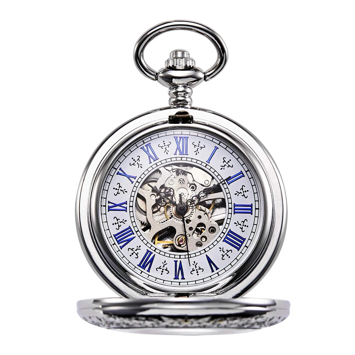 TREEWETO Taschenuhr mit Kette Herren Analog Handaufzug Antik Skelett Lupe Silber