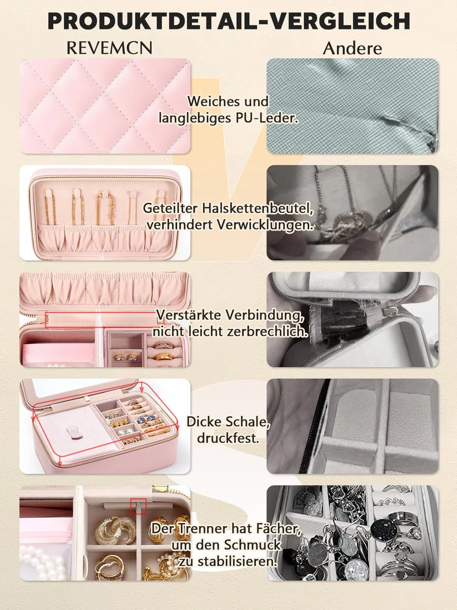 REVEMCN Schmuckkästchen mit Spiegel und 2 Ebenen, Reise Schmuck Organizer für Damen und Mädchen, geräumige Schmuckaufbewahrung mit 6 Anlaufschutz Schmuckbeuteln, Geschenke für Frauen (Puderrosa)
