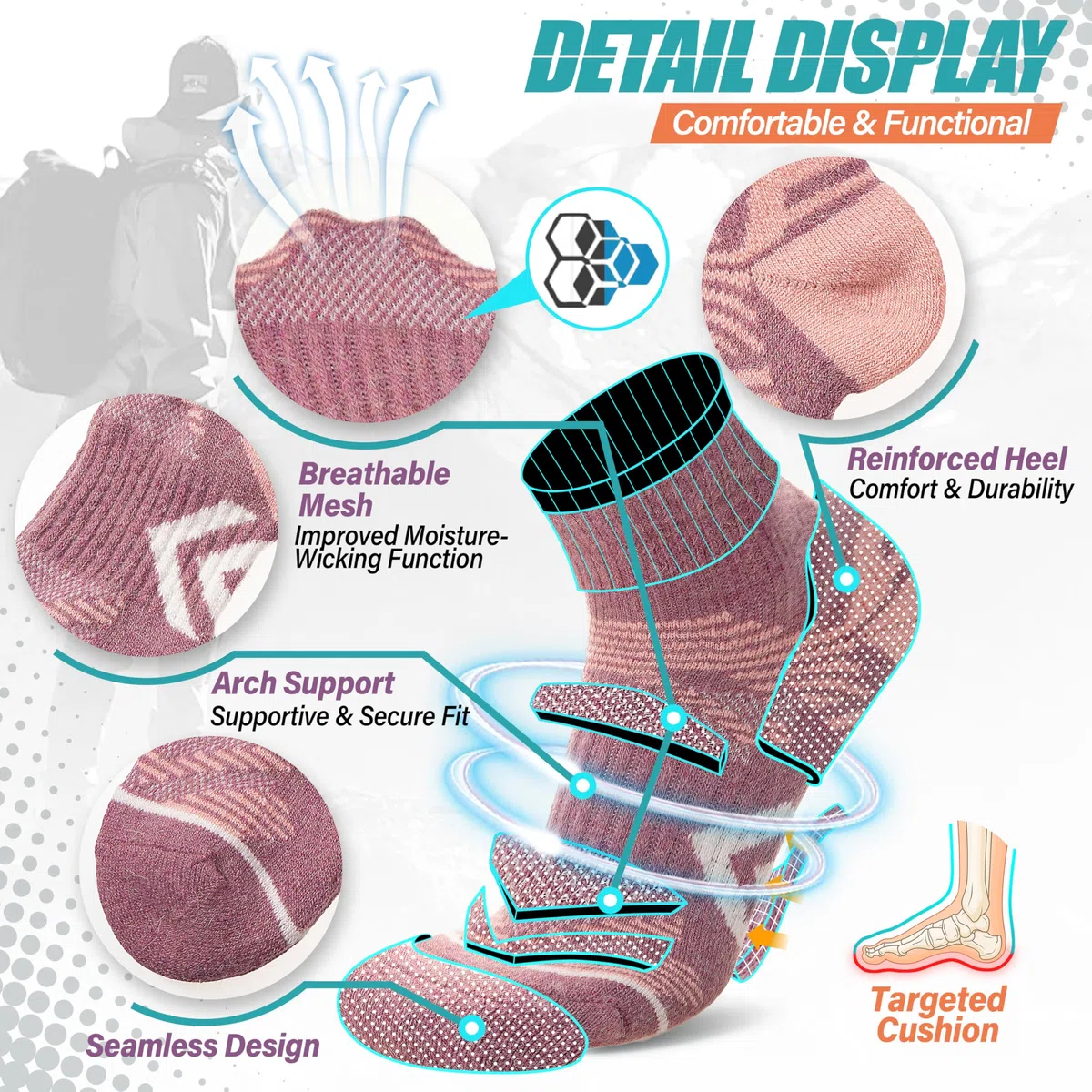 ANTSANG 6 Paar Merino Wolle Ankelsöckchen für Laufen Wandern Gehen Arbeiten Atmungsaktiv Thermisch Warm Dick Gepolstert Socken Viertelsöckchen für Herren Damen