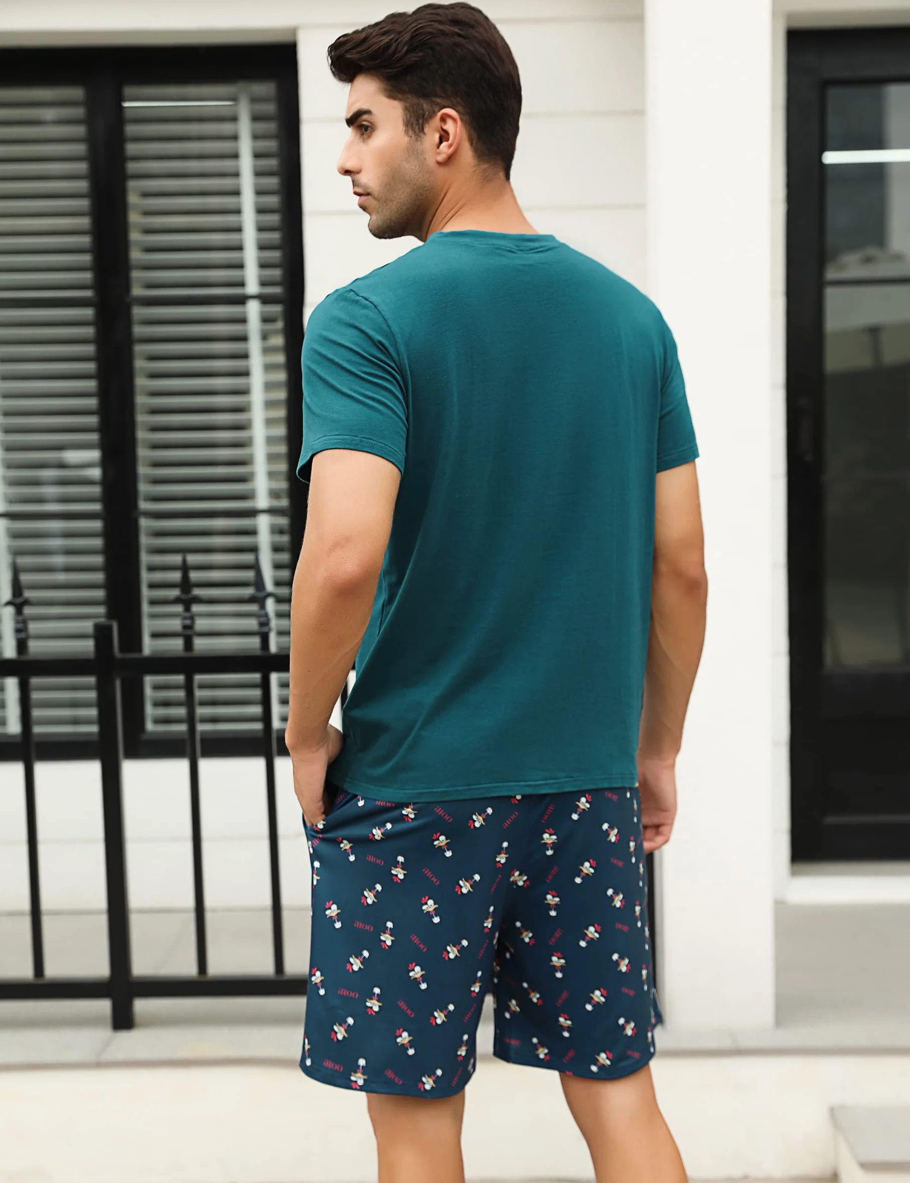 Schlafanzug Herren Kurz Pyjama Lustig Baumwolle Shorty Nachtwäsche Zweiteilige Pyjamas mit Hahn T-Shirt und Schlafanzughose für Männer