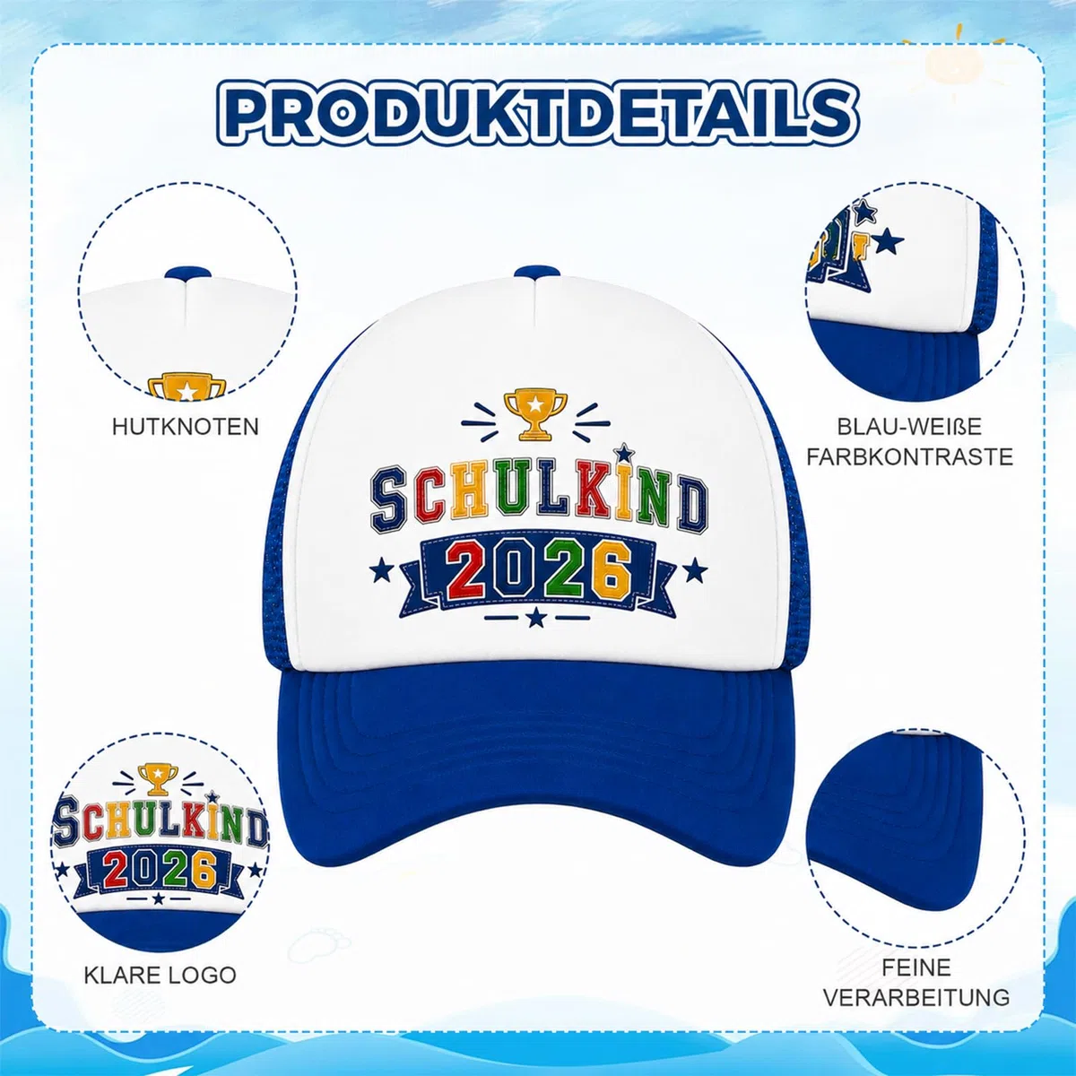 AHEJIOO Einschulung Geschenk – Baseballcap mit Pokal-Motiv – Schulkind 2026 Junge Schultüte füllung, Ideales Schulkind Einschulung Junge Outfit Accessoire, Blau-Weiße Mütze für den Ersten Schultag