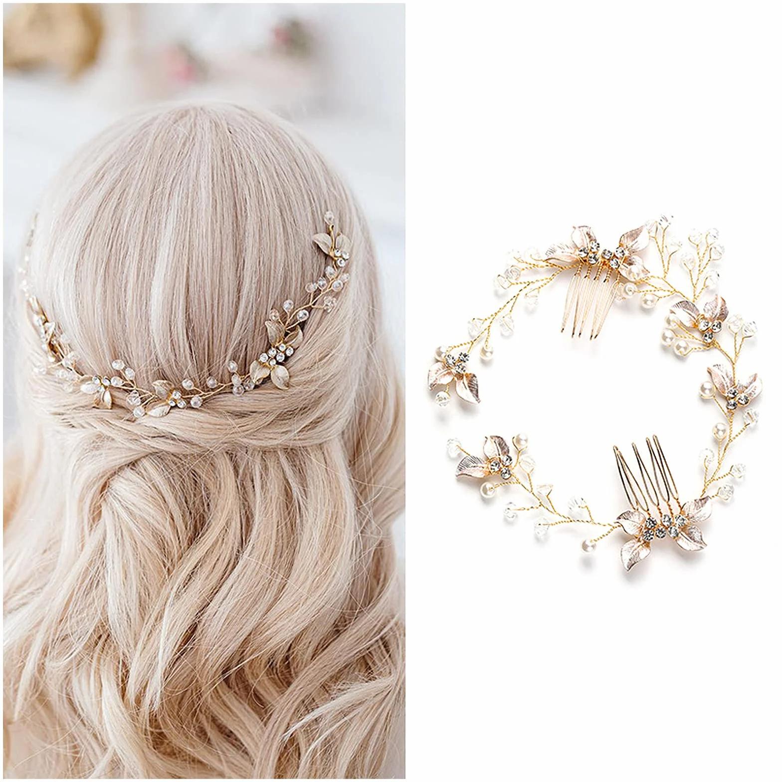 Haarschmuck Hochzeit für Bräute, Gold Blatt Perle Kristall Brautkamm Hochzeits Haarschmuck Vintage Brautschmuck Braut Haarband für Frauen und Mädchen