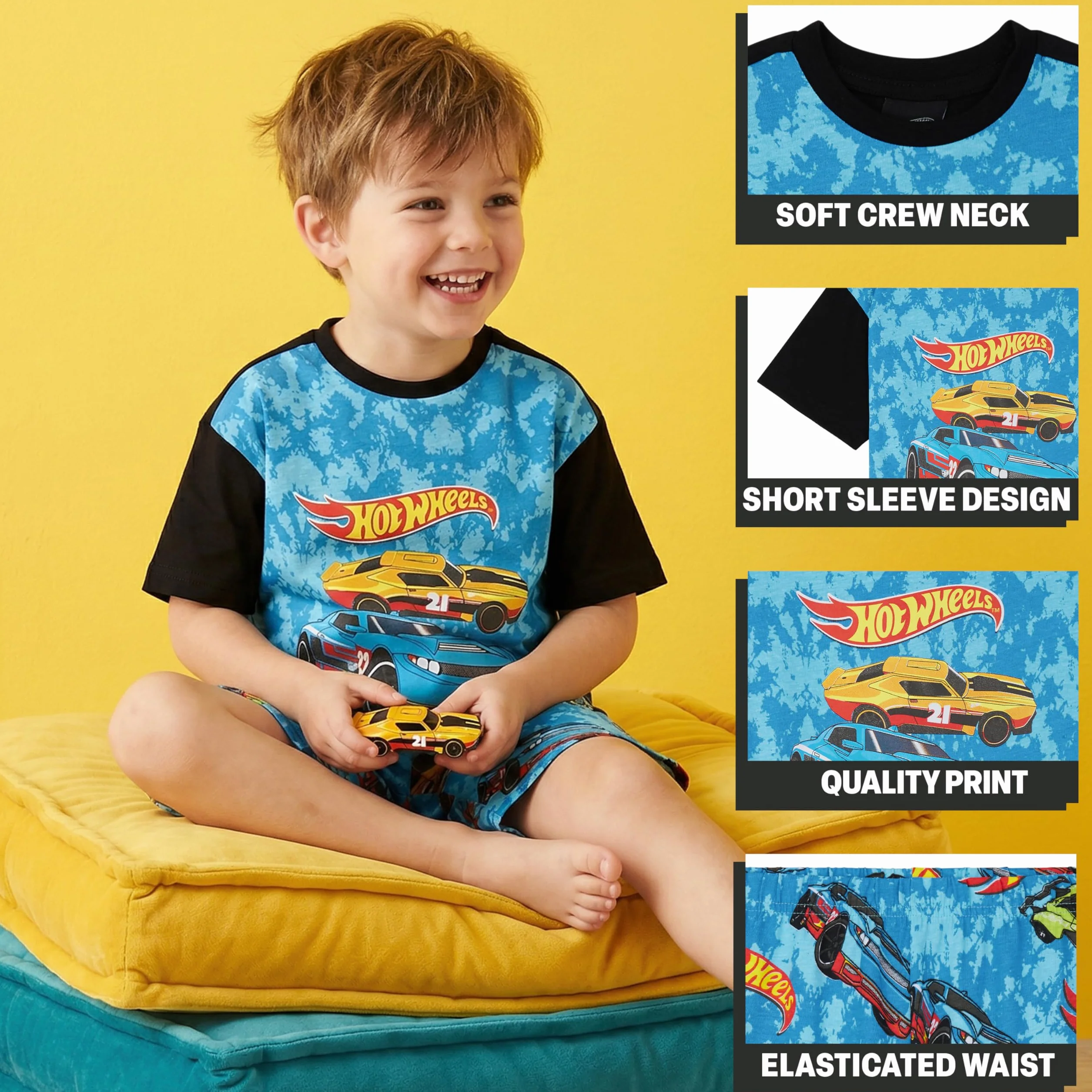 Hot Wheels Pyjama Jungen 2-6 Jahre, 2-Teilig Baumwolle Kurz Schlafanzug Kinder mit Kurzarm T-Shirt, Sommer Nachtwäsche, Geschenke für Kinder