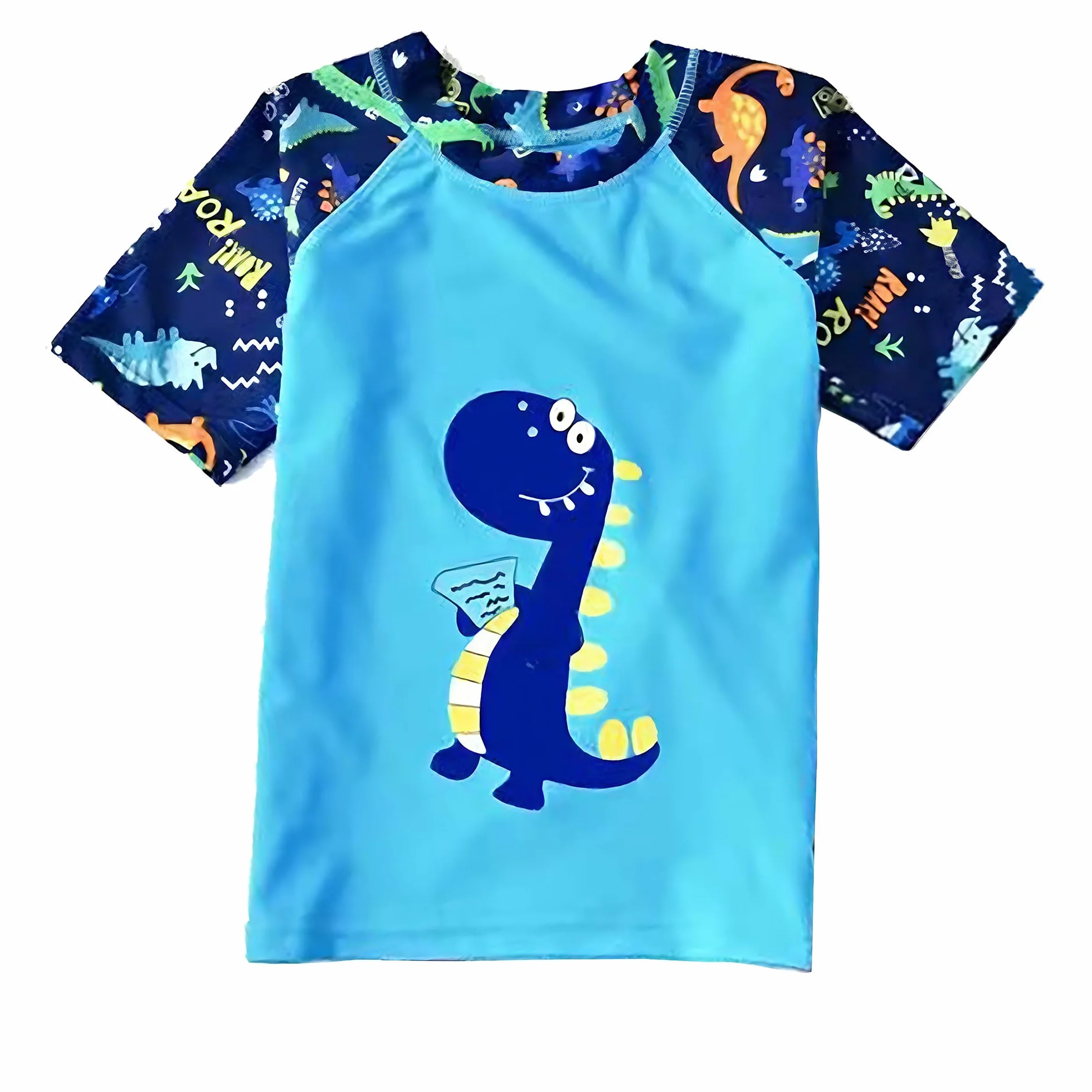 Jungen-Badeanzug, Zweiteiliger Badeanzug für Kinder, Rashguard, T-Shirt, Badeshort-Set, Dinosaurier-Bademode