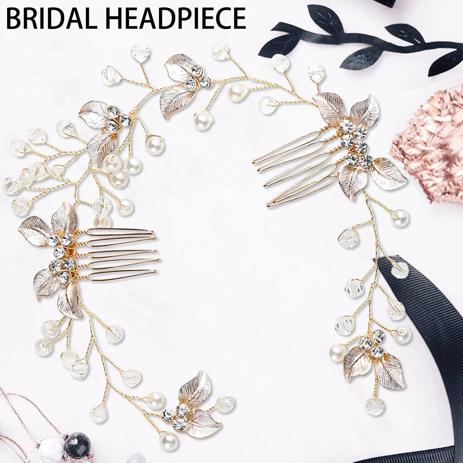 Haarschmuck Hochzeit für Bräute, Gold Blatt Perle Kristall Brautkamm Hochzeits Haarschmuck Vintage Brautschmuck Braut Haarband für Frauen und Mädchen