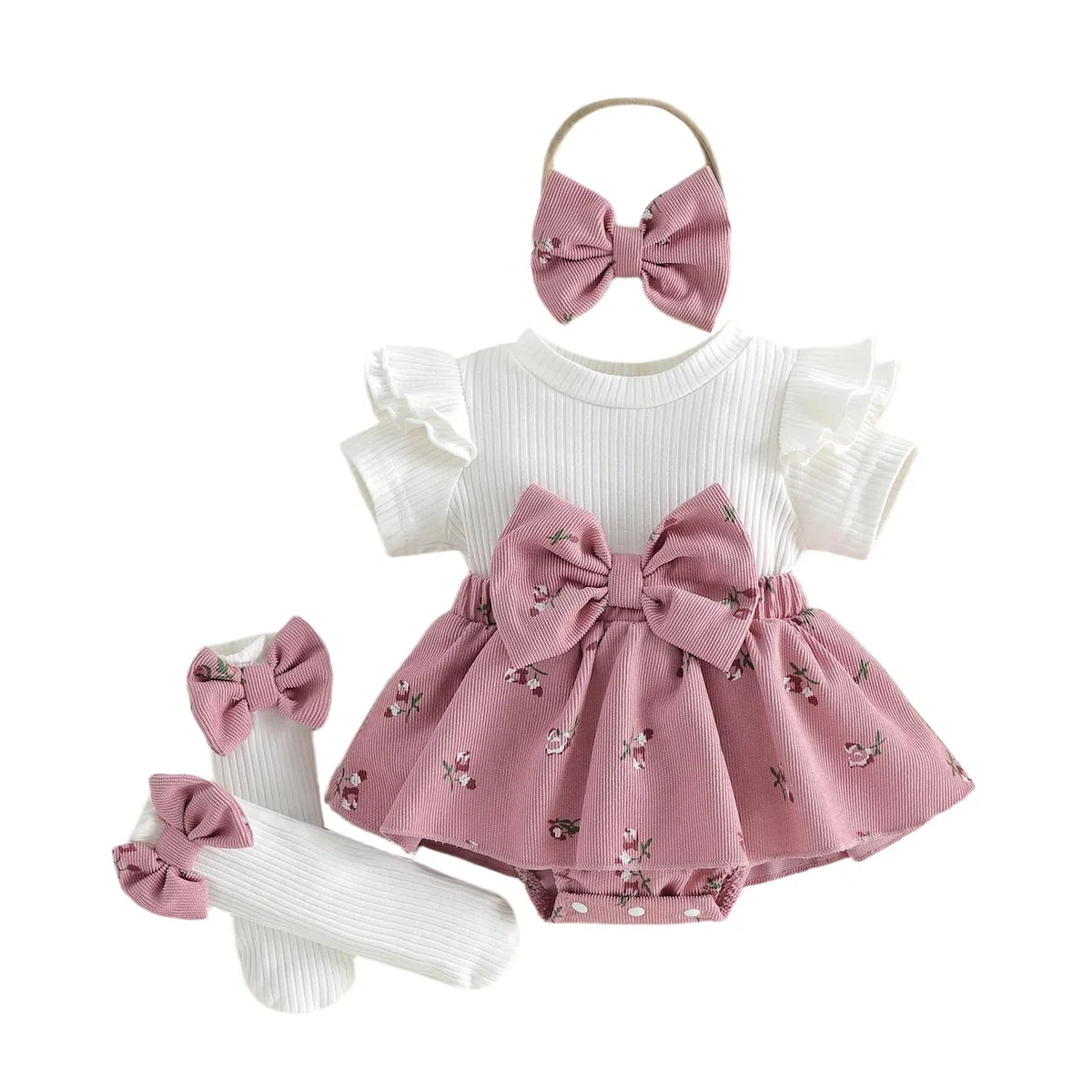 Baby Mädchen Kleidung Blumen Druck Sommer Kleider Rüschen Kurze Ärmel Kleid + Lange Socken + Stirnband Babyset Niedliche Babykleidung