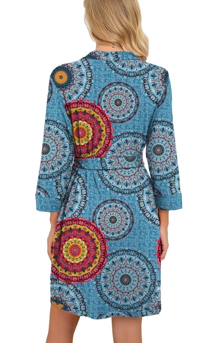 PrinStory Bademantel Für Damen Leichter 3/4 Ärmeln Morgenmantel Kimono Roben Kurz Nachtwäsche