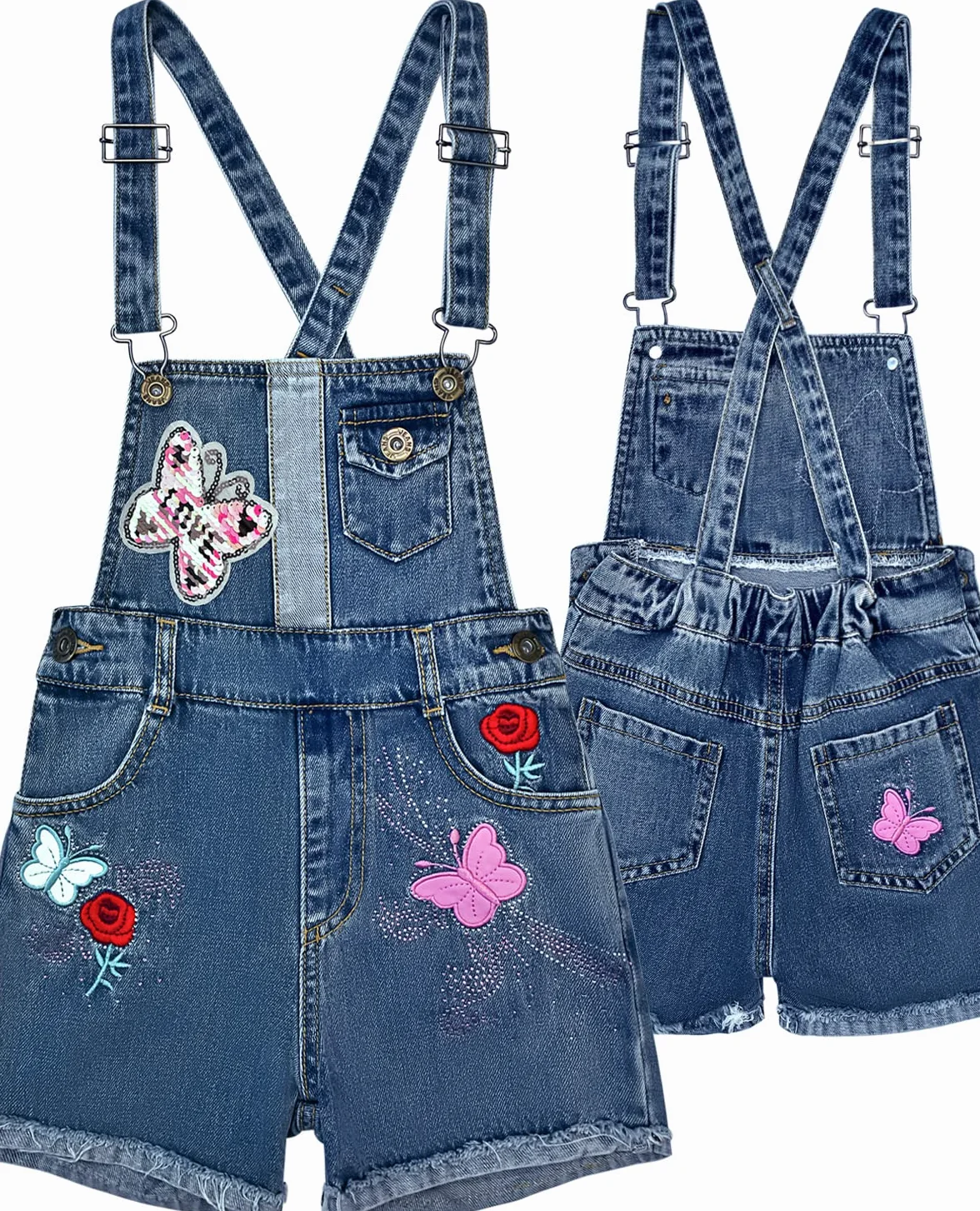 Peacolate 4-10 Jahre Kleines Groß Mädchen Latzhose Bestickte Pailletten Umdrehen Schmetterling Denim Kurze Jeans Overalls