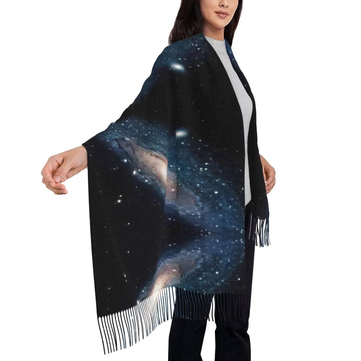 Damenschal mit Galaxie-Universum und Sternen, Weltraum-Druck, Herbst, Winter, modisch, Fransen, weich, warm, sonnenfester Wickelschal