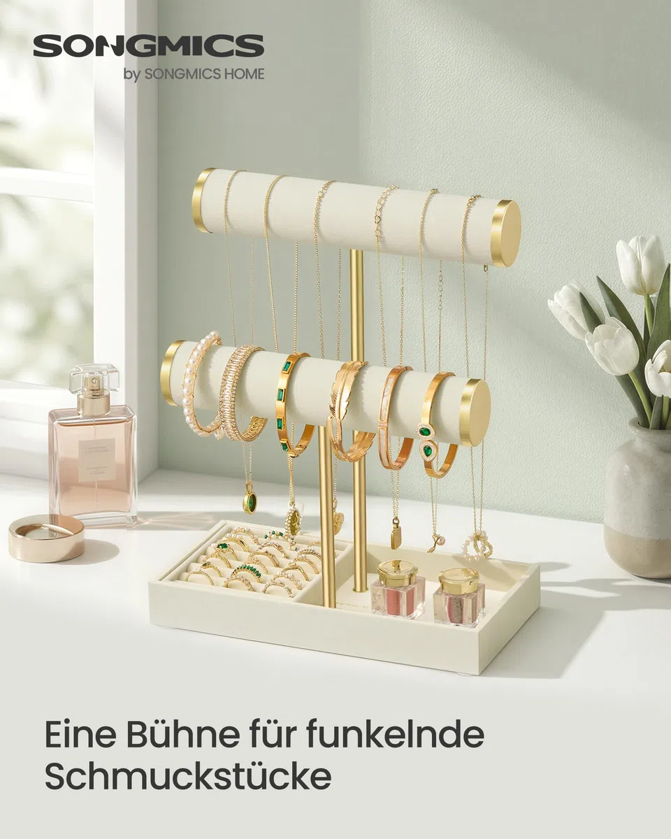 SONGMICS Armbandhalter-Ständer, Schmuck-Display-Ständer, Schmuck-Organizer, mit 3 Ebenen und Samt-Tablett, abnehmbarer Ringhalter, Creme-Weiß und Hellgold JJS039W101
