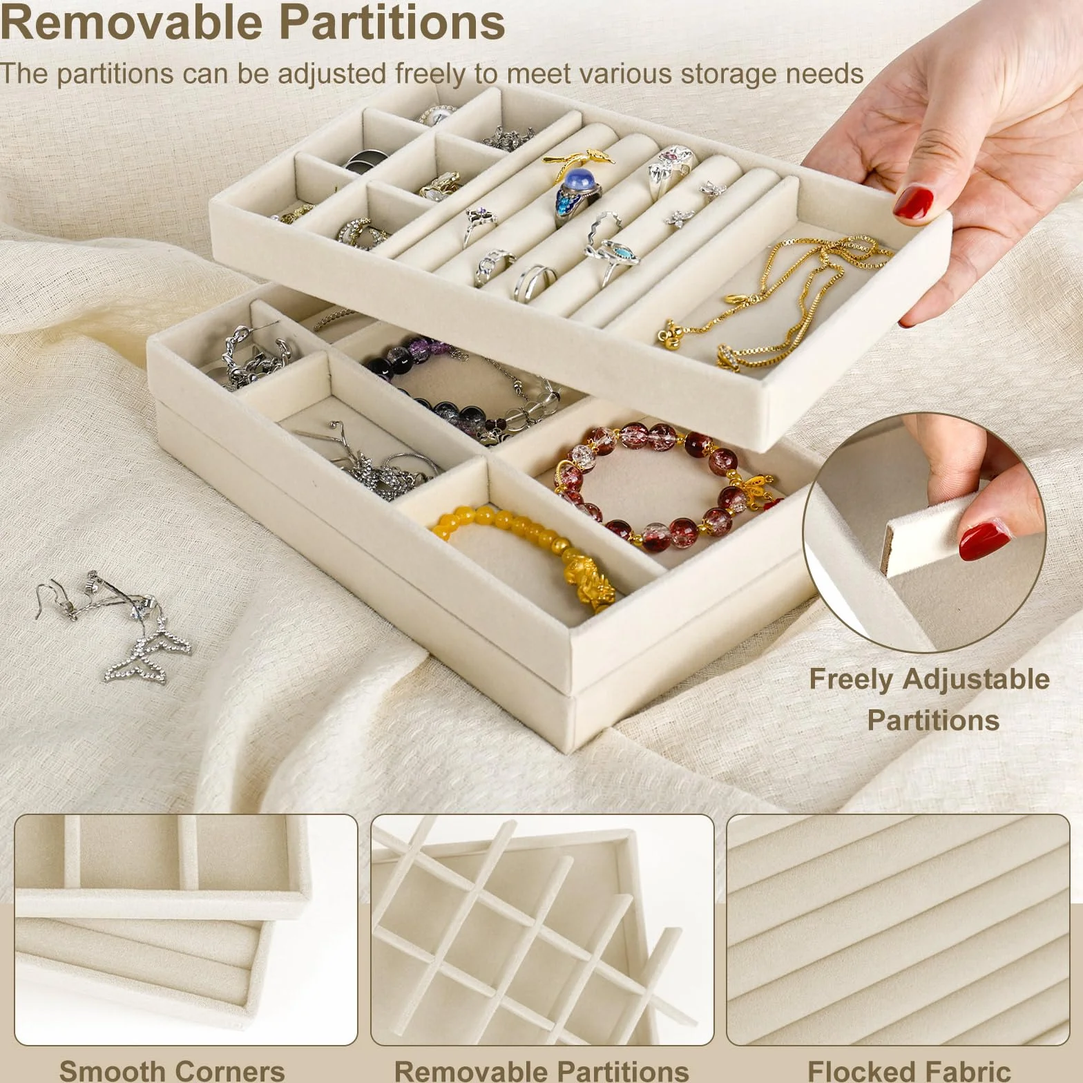8 Stück Schmuckaufbewahrung Schublade, Schmuck Organizer Schublade, Schmucktablett, Schmuckeinsatz für Schubladen, Stackers Schmuckkasten, Samt Jewelry Organizer für Ohrringe (Beige)