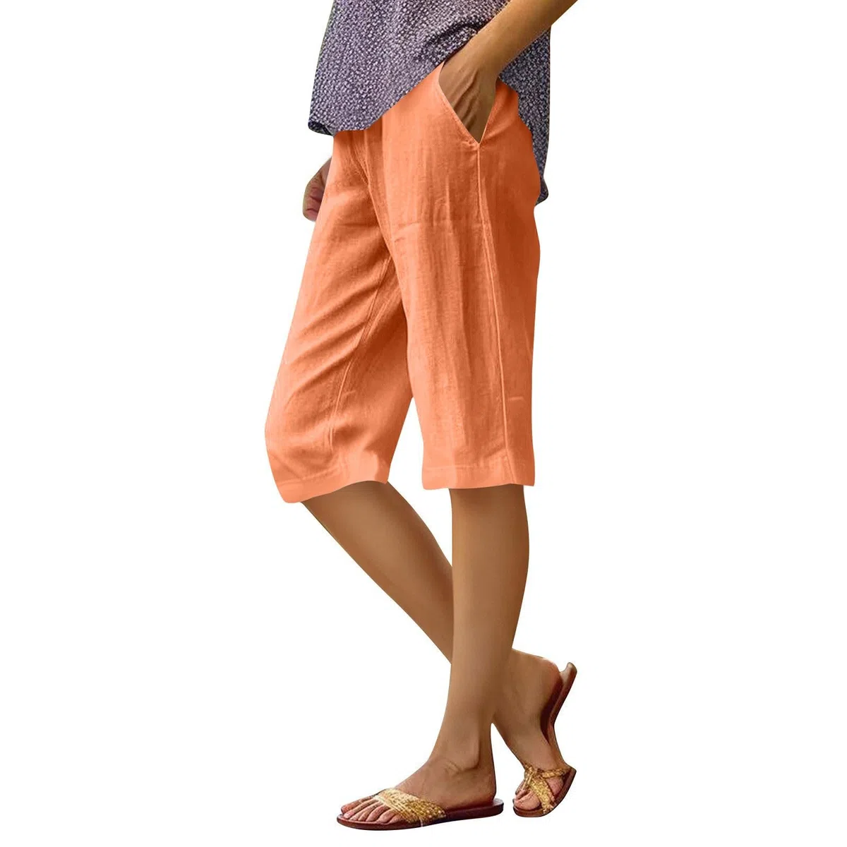 Damen Baumwolle Leinen Bermuda Shorts Sommer Casual Elastic High Waisted Knee Length Loose Beach Shorts mit Taschen