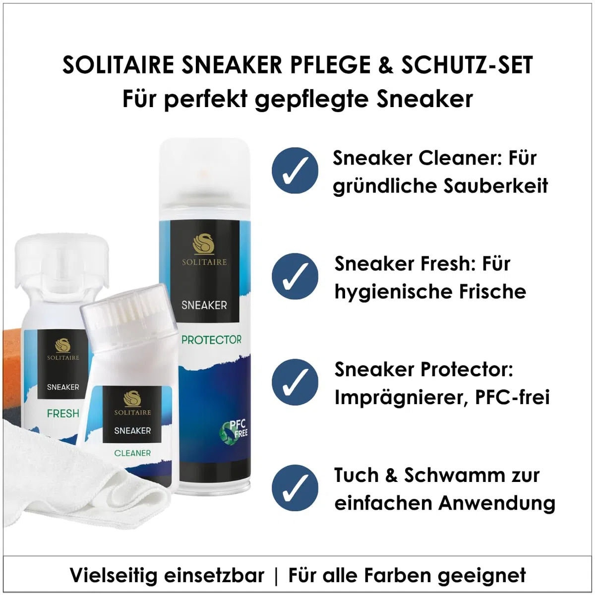 SOLITAIRE Sneaker Pflege & Schutz Set für alle Materialien, 5-teiliges Schuhputz-Set: Imprägnierspray, Universal-Reiniger, Schuhdeo Geruchsentferner, Mikrofasertuch und Schwamm - Schuhpflege-Set