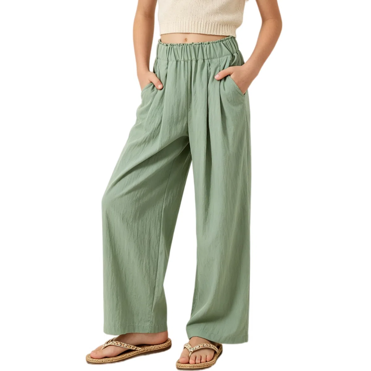 Rolanko Mädchen-Hose mit Weitem Bein, Fließender Paperbag Stil Elastische Taille Sommer Palazzo Hose mit Taschen für lockere Passform
