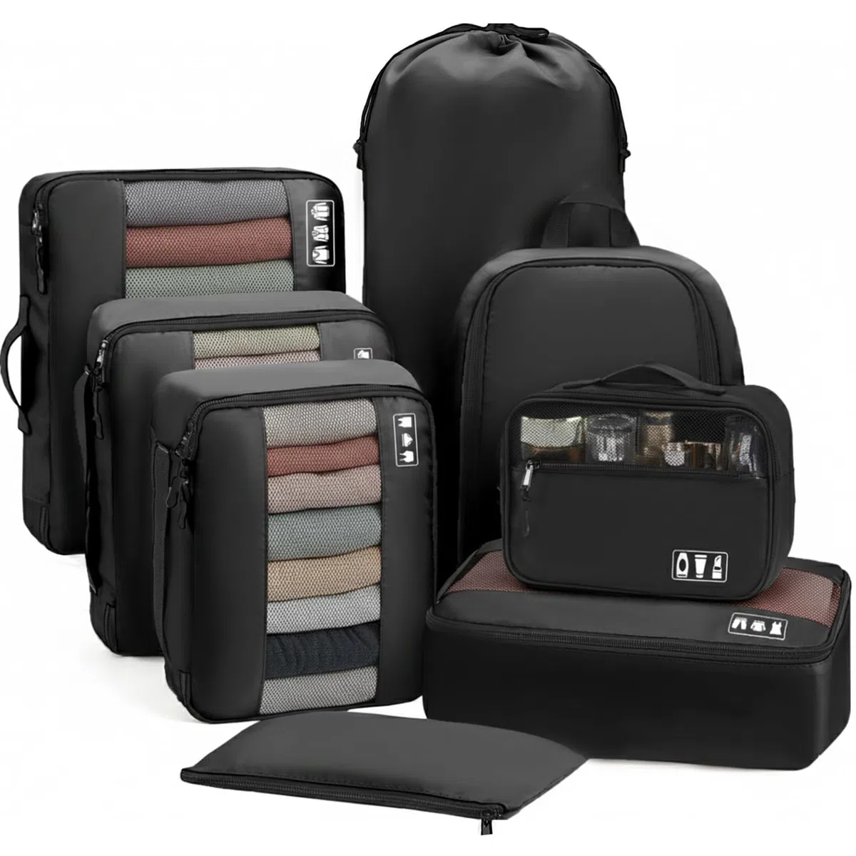 MURISE Koffer Organizer 8 Stück, Packing Cubes für Urlaub und Reisen, Packwürfel Packtaschen für Koffer, mit Schuhtasche Kosmetiktasche, Ordnungssystem, Travel Essentials, Schwarz