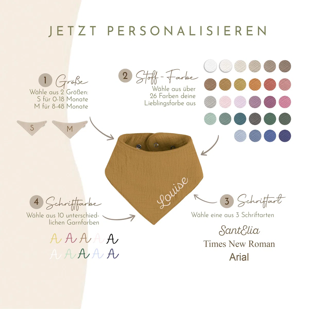 Besticktes Halstuch Dreieckstuch aus Musselin Gaze 100% Baumwolle Stickerei für Babies und Kleinkinder in 2 Grössen erhältlich, mit Namens Personalisierung, Personalisiert